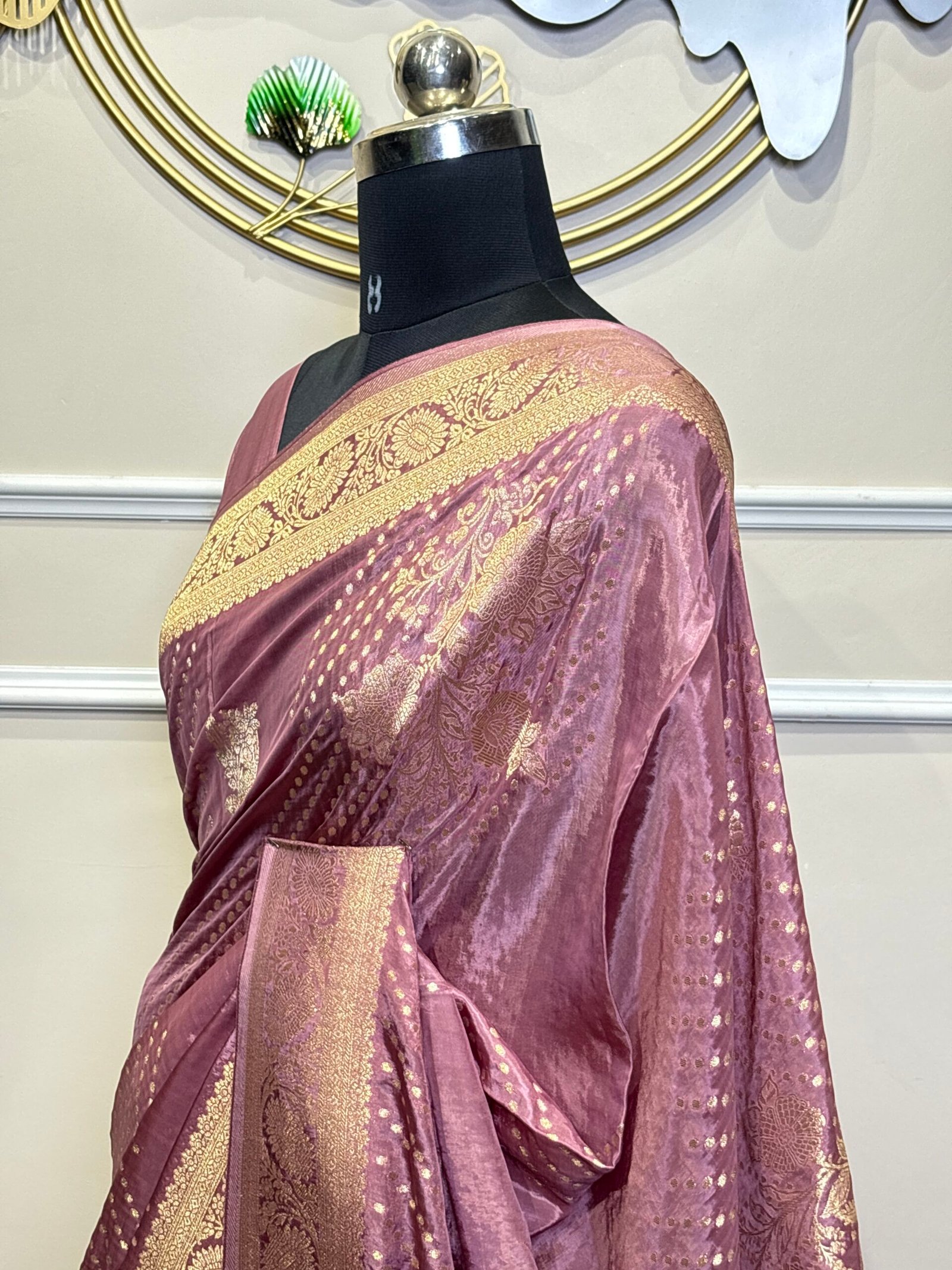 Viscose Banarasi Saree – Dusty Mauve with Golden Zari - Image 7