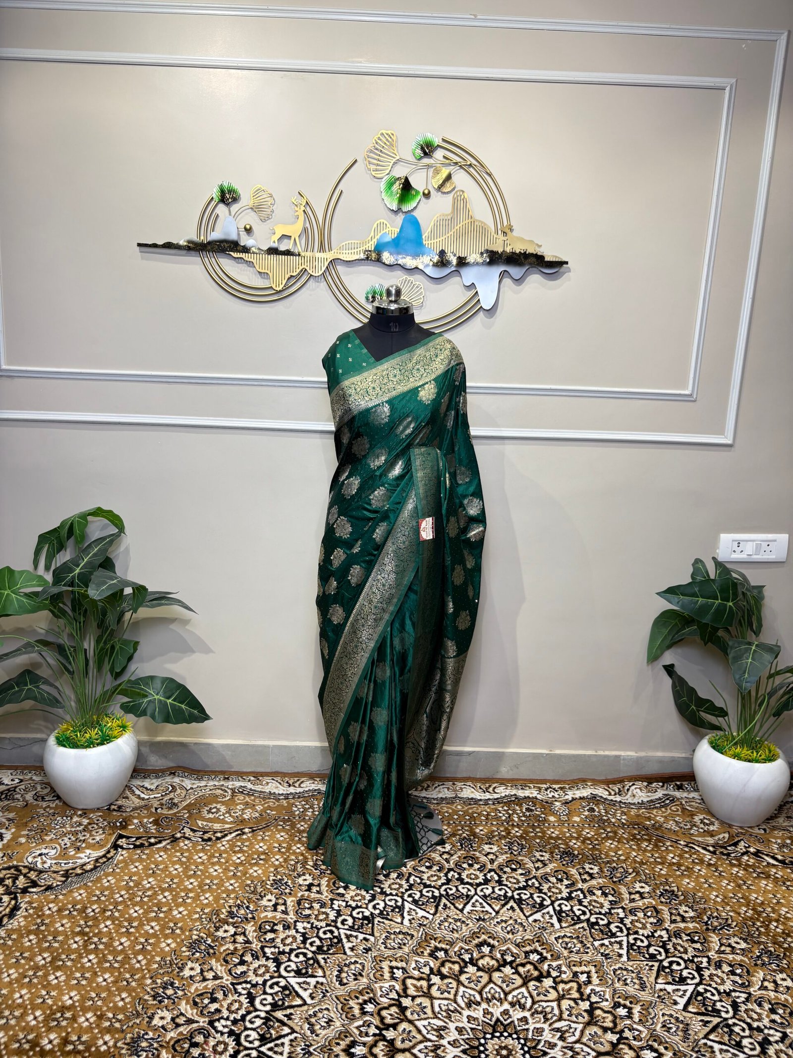 Emerald Green Siroski Mushroo Satin Saree with Golden Zari Floral Weaving - Image 2