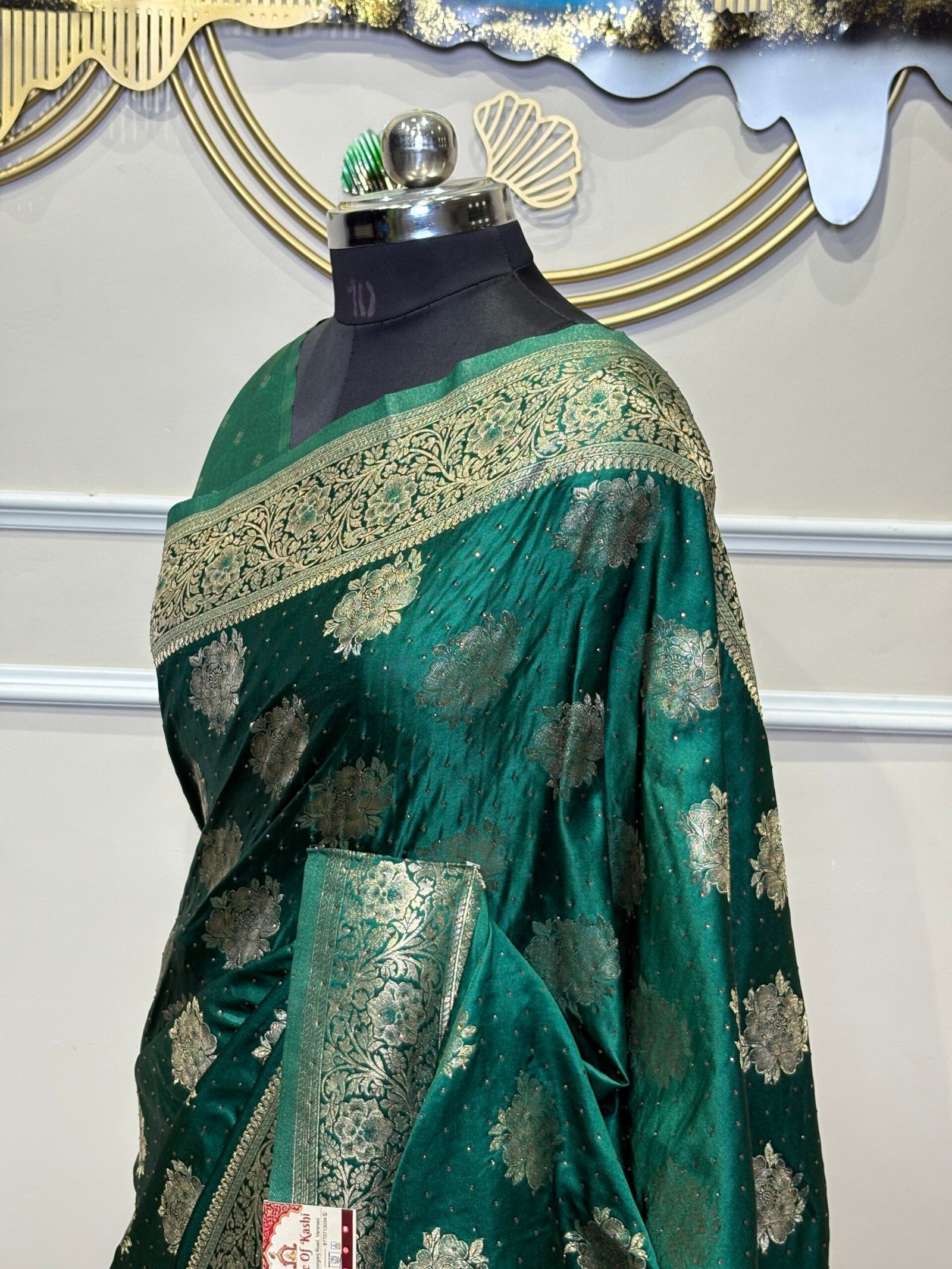 Emerald Green Siroski Mushroo Satin Saree with Golden Zari Floral Weaving - Image 3