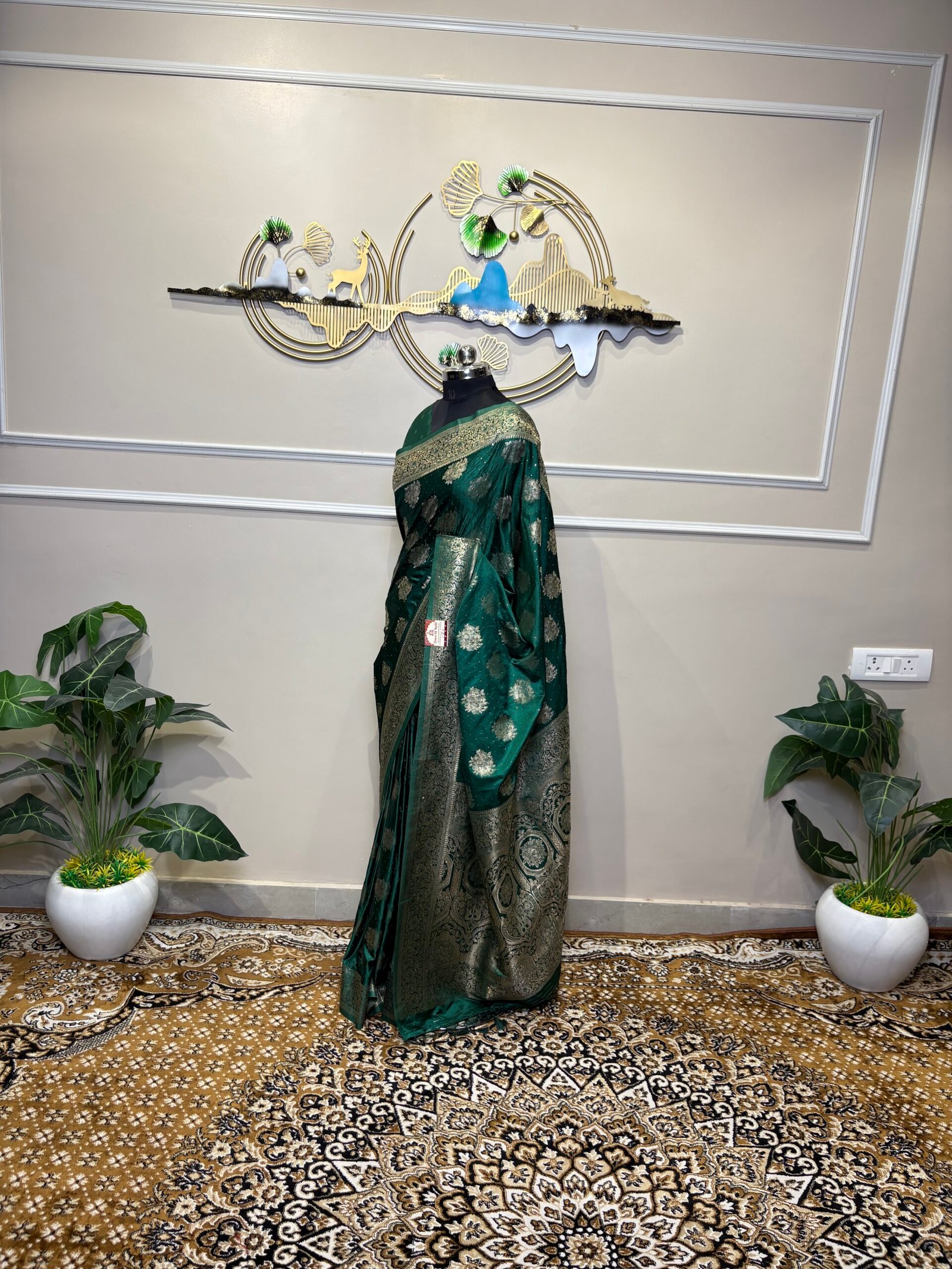 Emerald Green Siroski Mushroo Satin Saree with Golden Zari Floral Weaving - Image 5