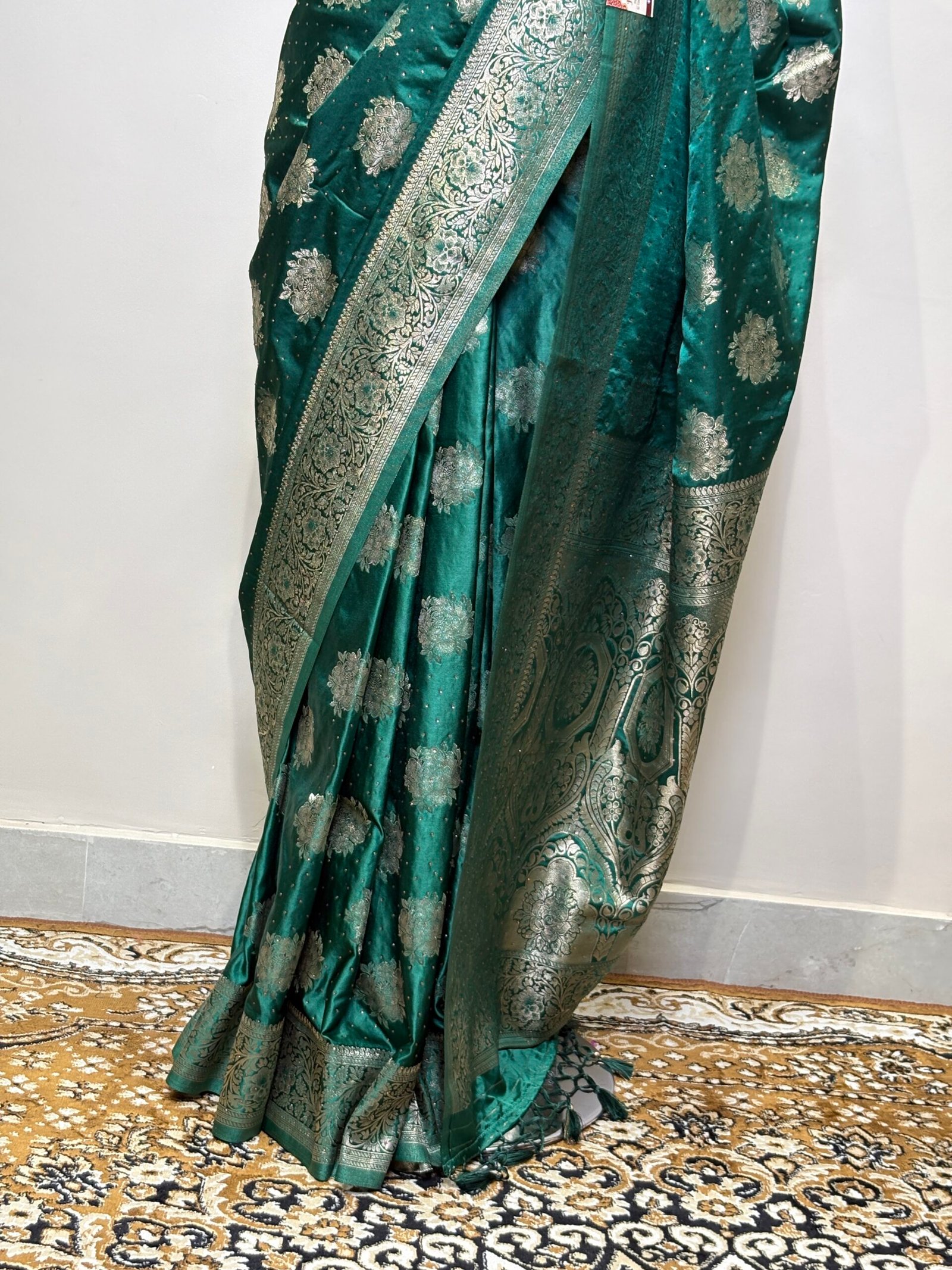 Emerald Green Siroski Mushroo Satin Saree with Golden Zari Floral Weaving - Image 6