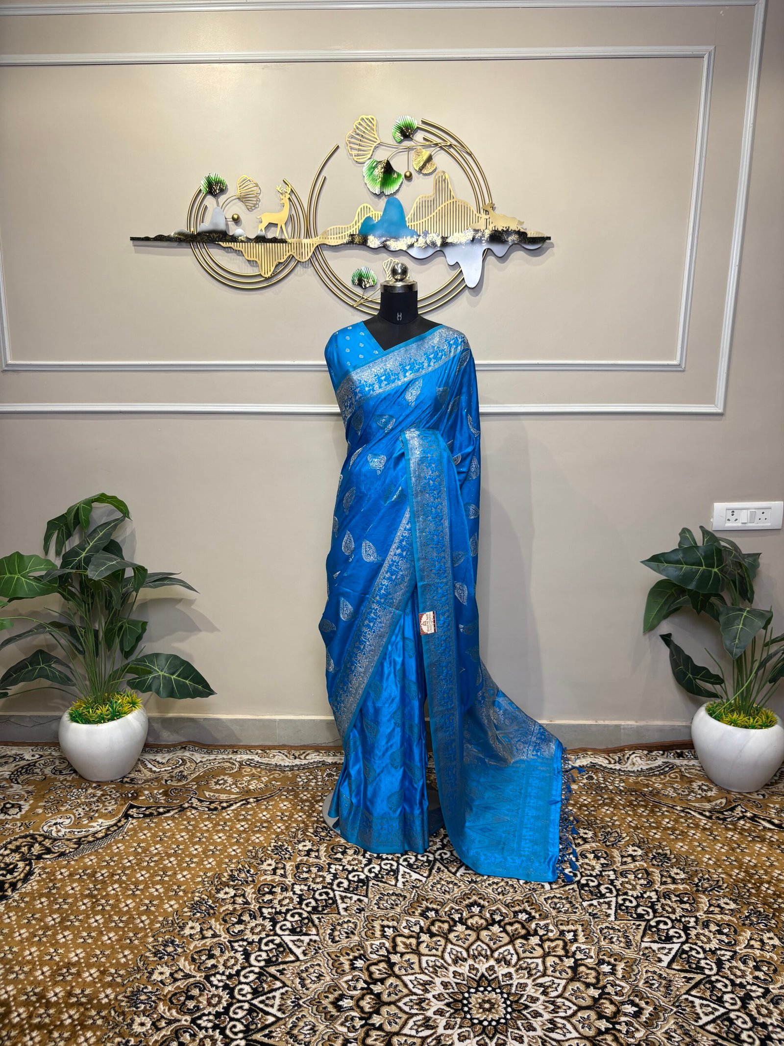 Royal Blue Siroski Mushroo Satin Saree with Silver Zari Floral Weaving - Image 2