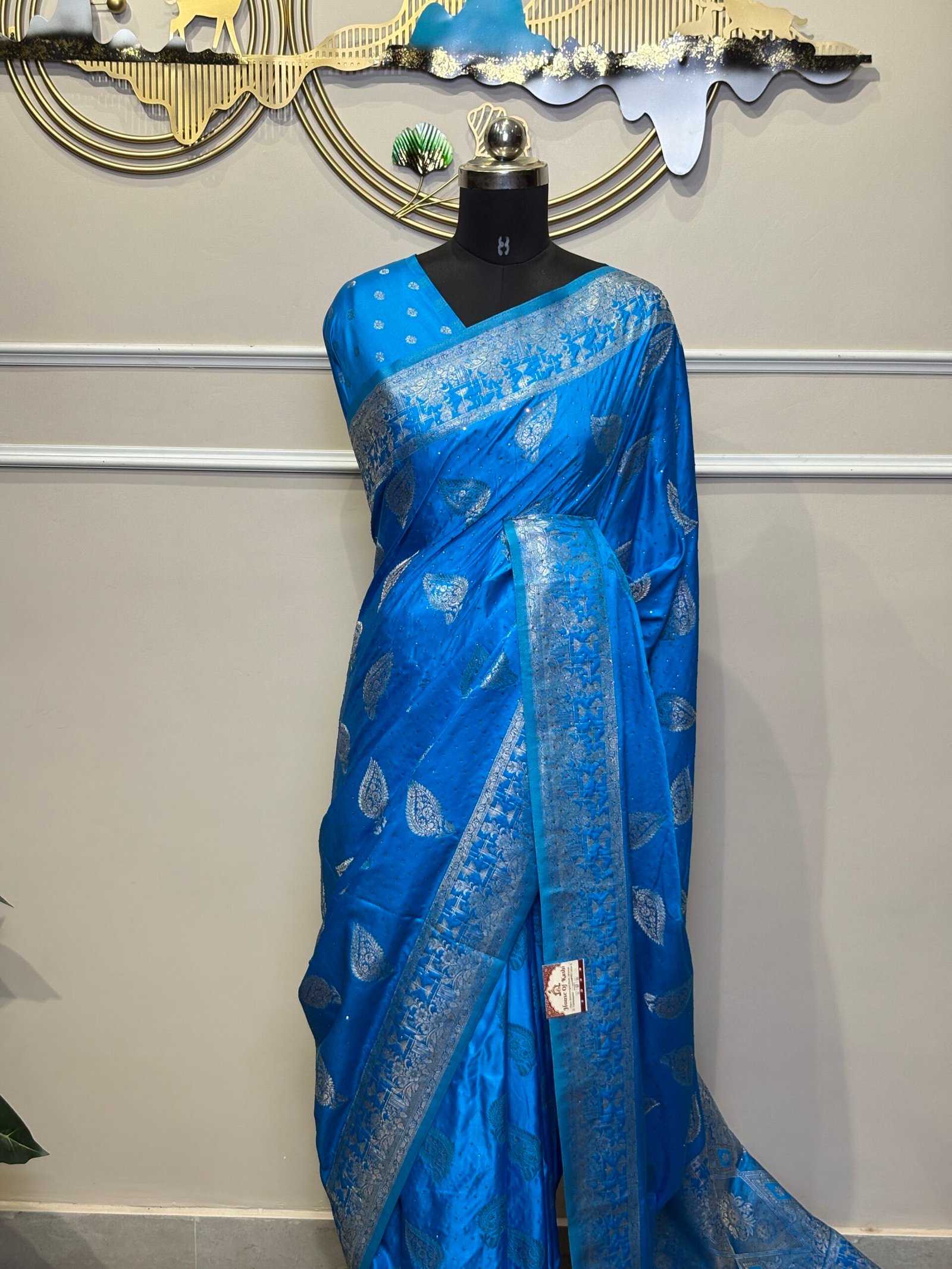 Royal Blue Siroski Mushroo Satin Saree with Silver Zari Floral Weaving - Image 5