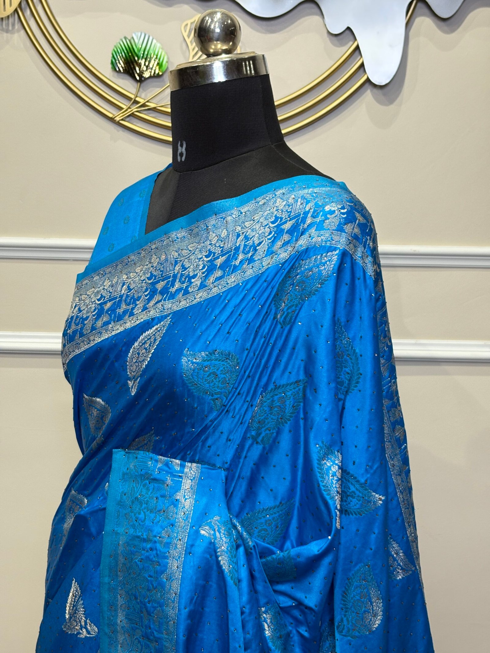 Royal Blue Siroski Mushroo Satin Saree with Silver Zari Floral Weaving - Image 3