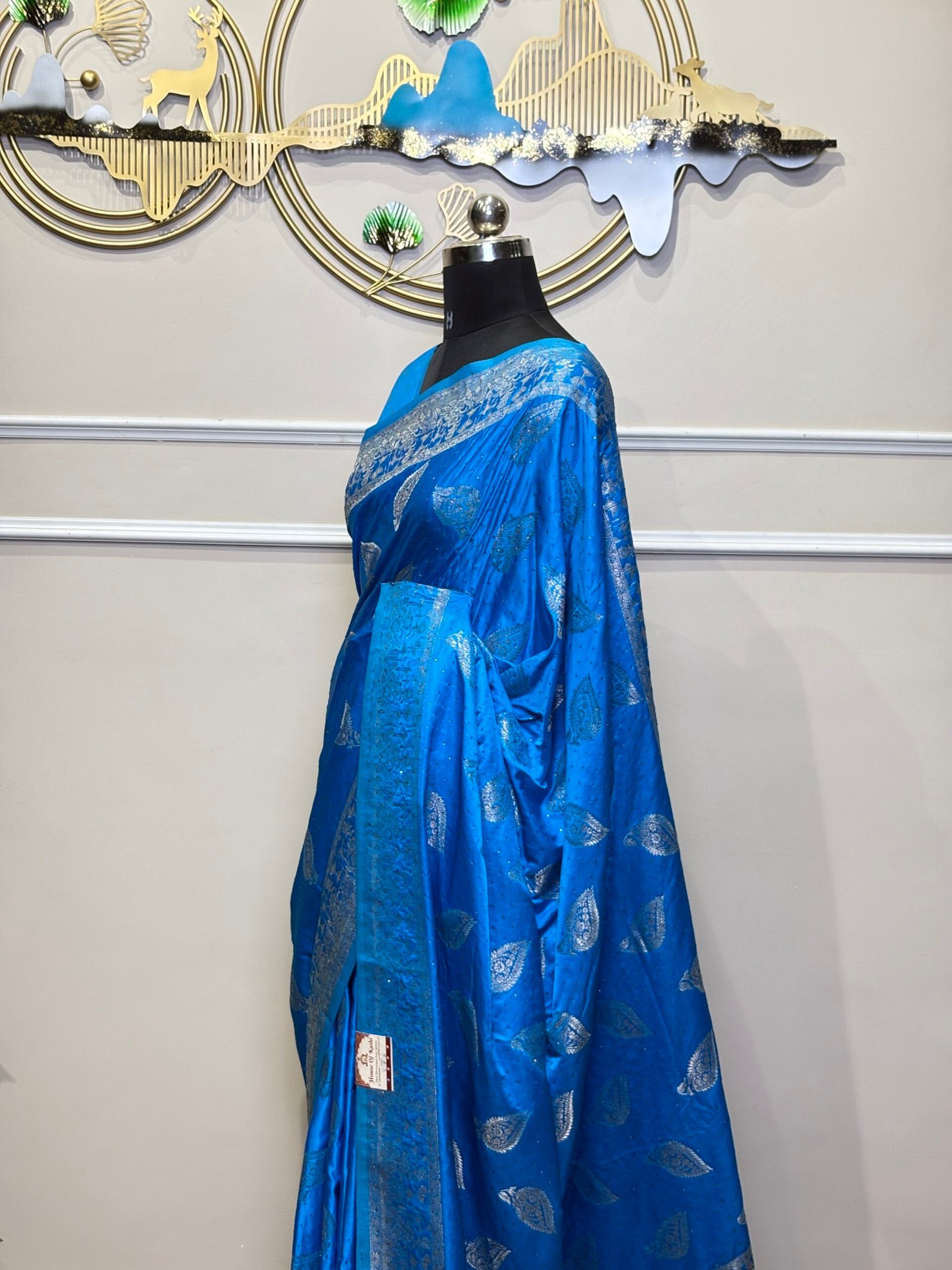 Royal Blue Siroski Mushroo Satin Saree with Silver Zari Floral Weaving - Image 7