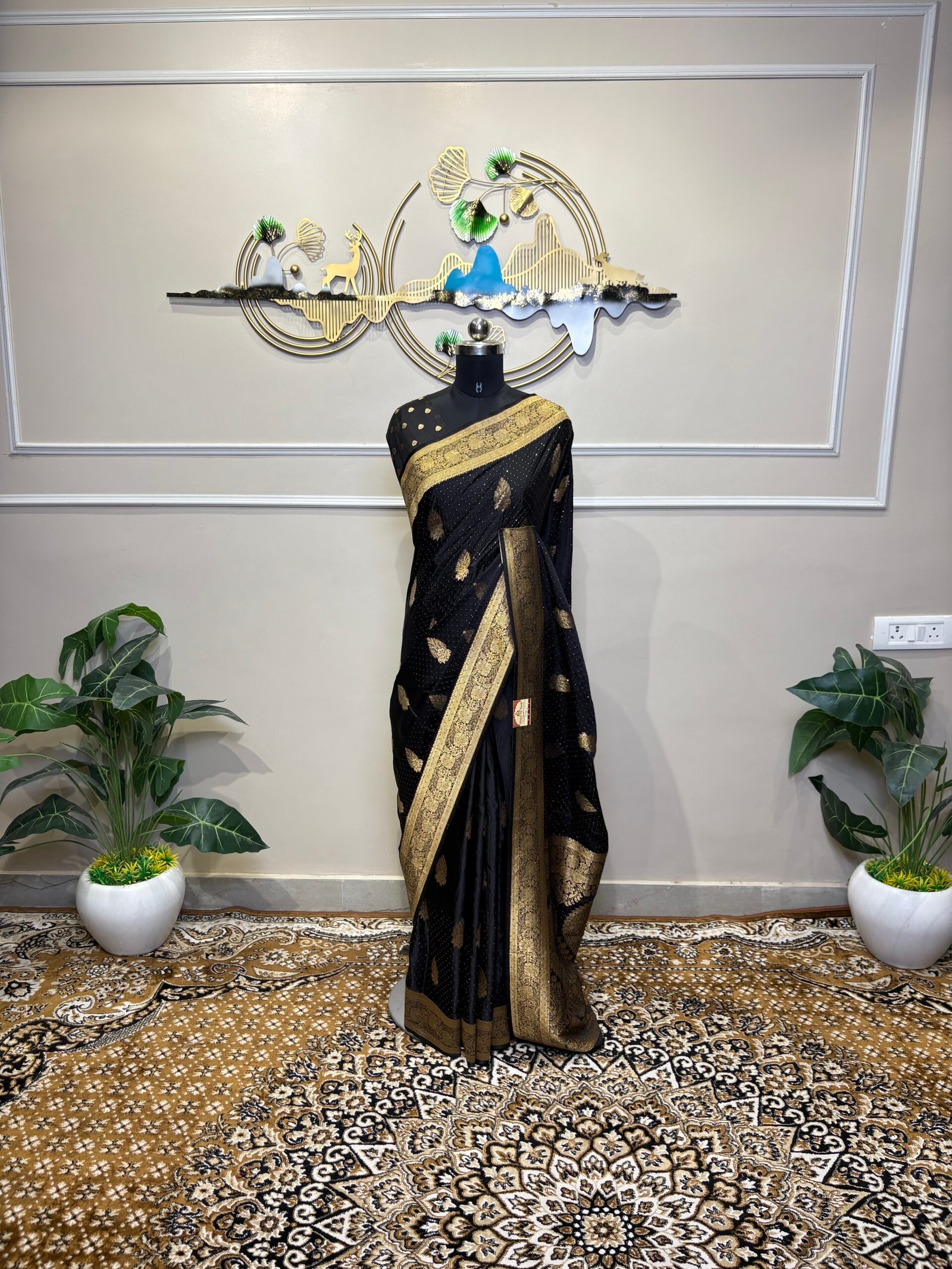Black Siroski Mushroo Satin Saree with Golden Zari Floral Weaving - Image 2