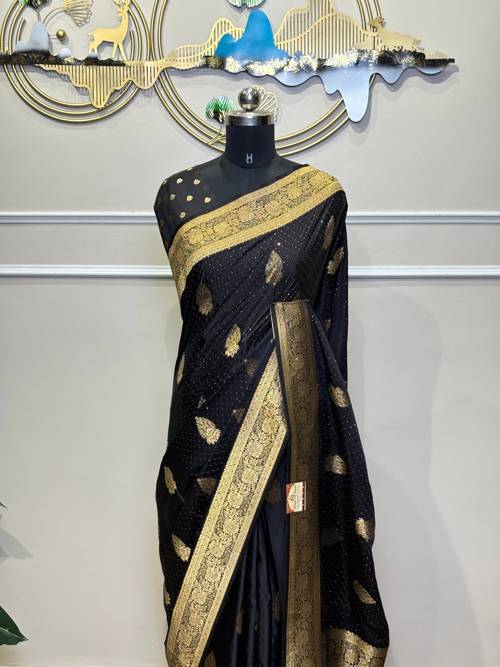 Black Siroski Mushroo Satin Saree with Golden Zari Floral Weaving - Image 3