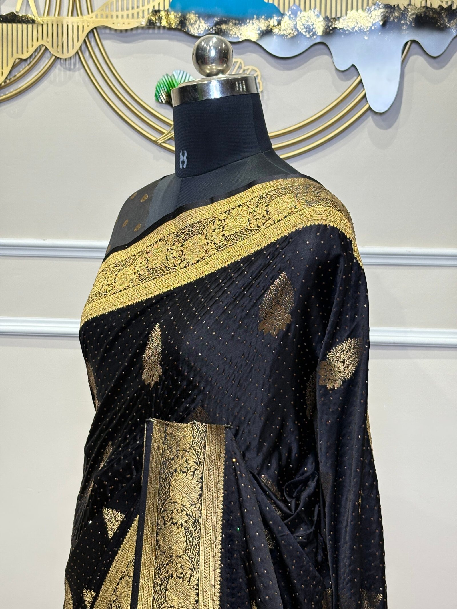 Black Siroski Mushroo Satin Saree with Golden Zari Floral Weaving - Image 4