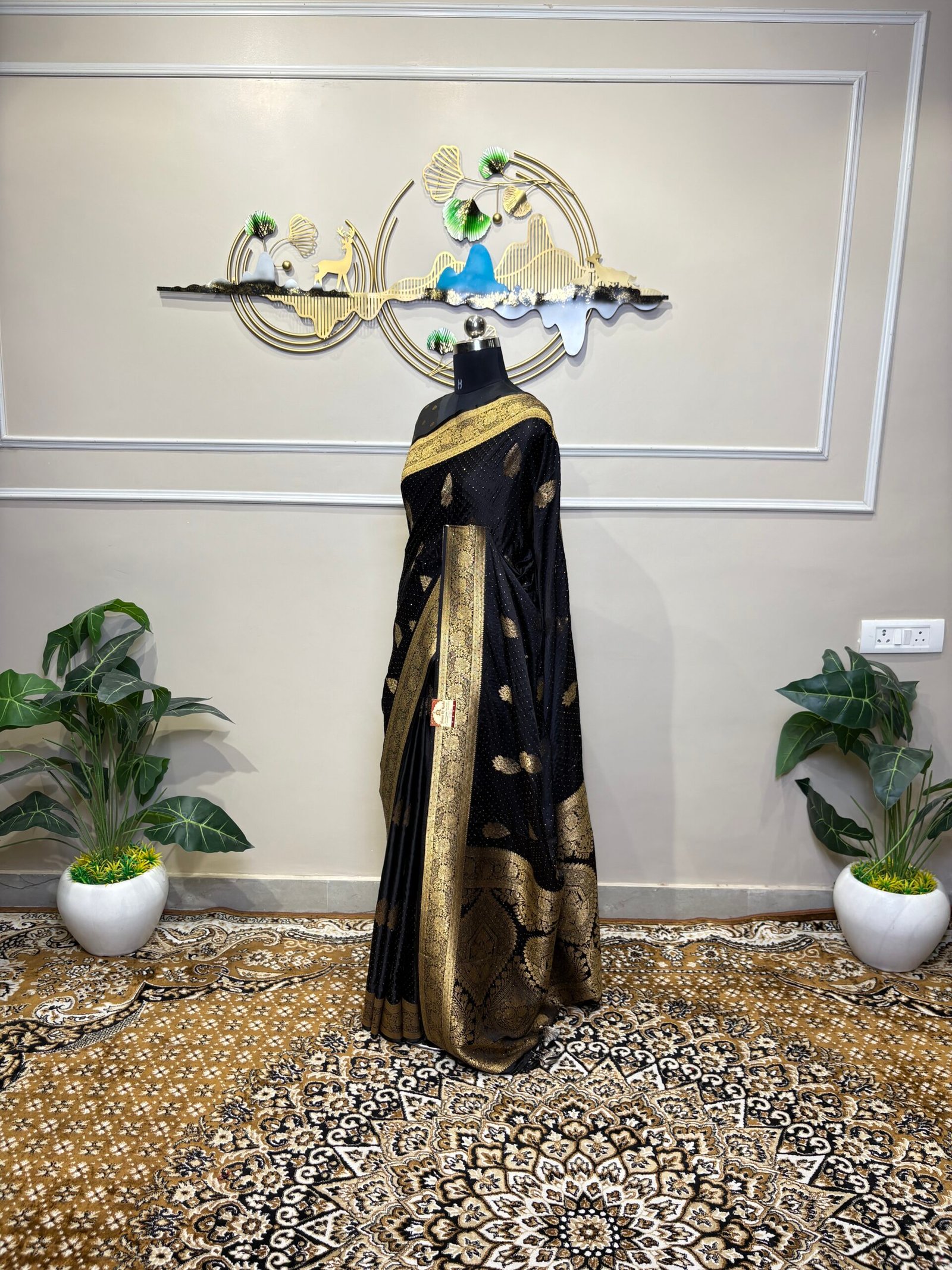 Black Siroski Mushroo Satin Saree with Golden Zari Floral Weaving - Image 6