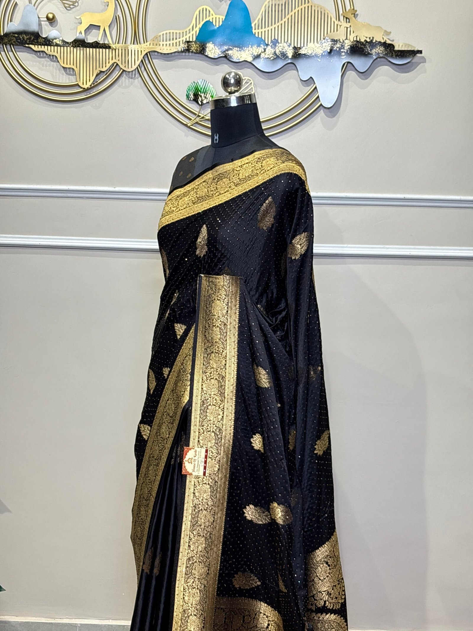 Black Siroski Mushroo Satin Saree with Golden Zari Floral Weaving - Image 5