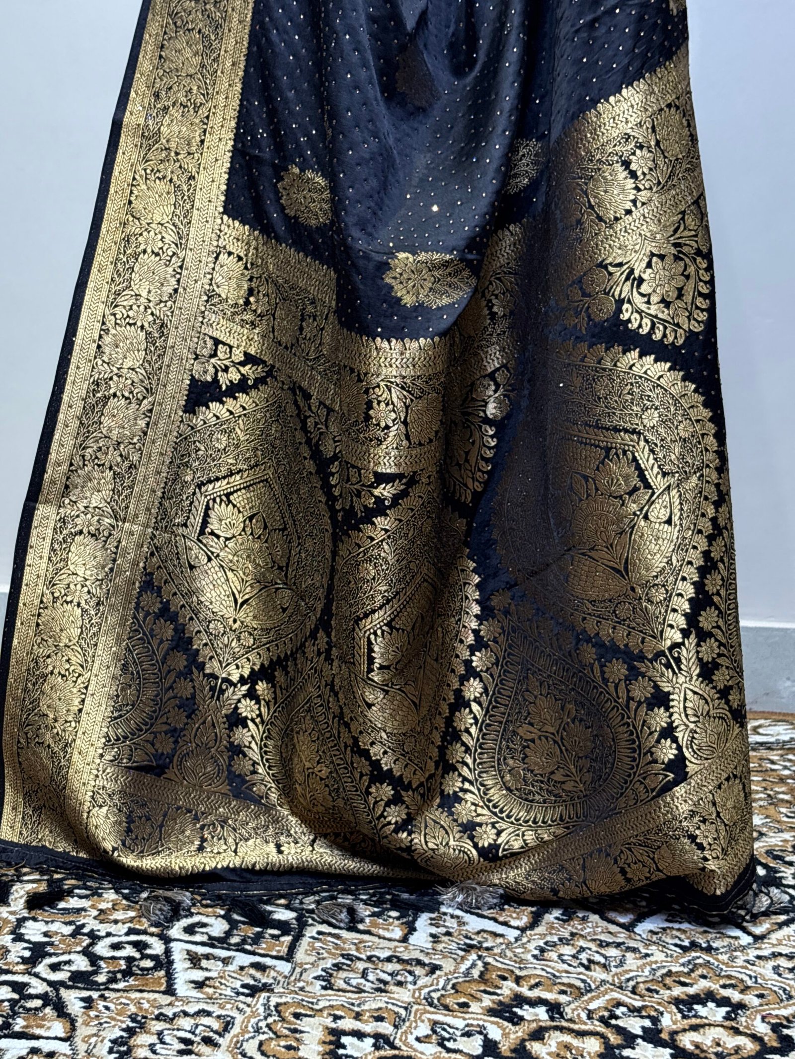 Black Siroski Mushroo Satin Saree with Golden Zari Floral Weaving - Image 7