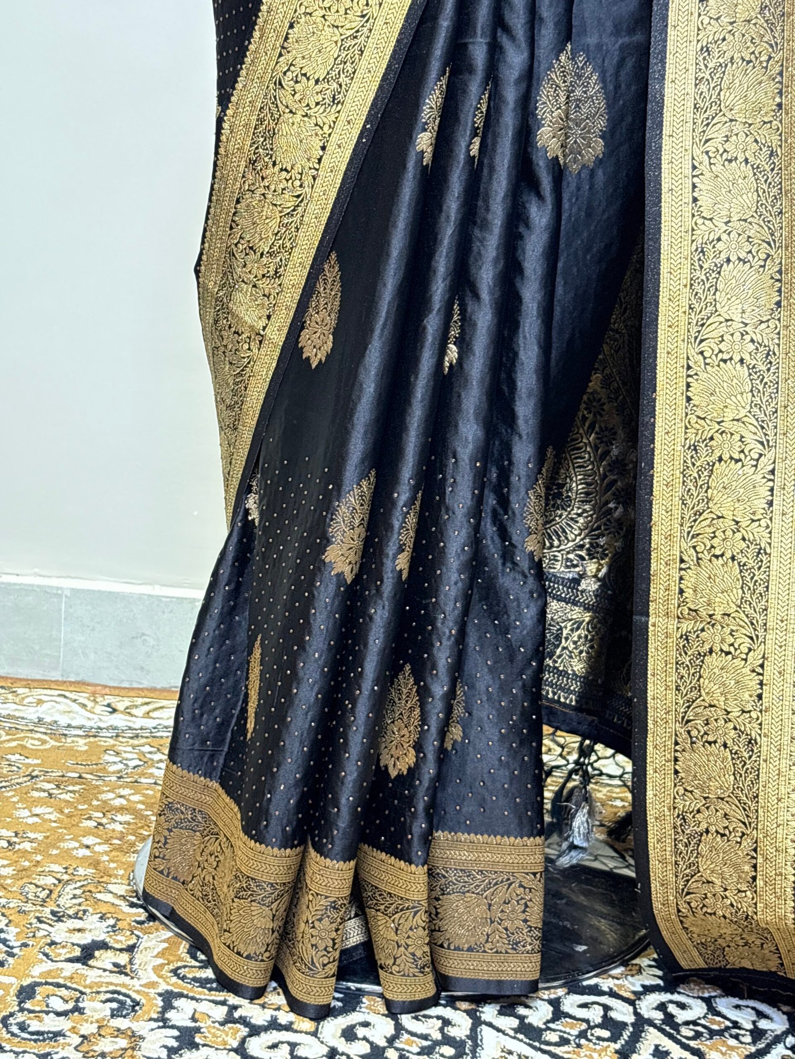 Black Siroski Mushroo Satin Saree with Golden Zari Floral Weaving - Image 8