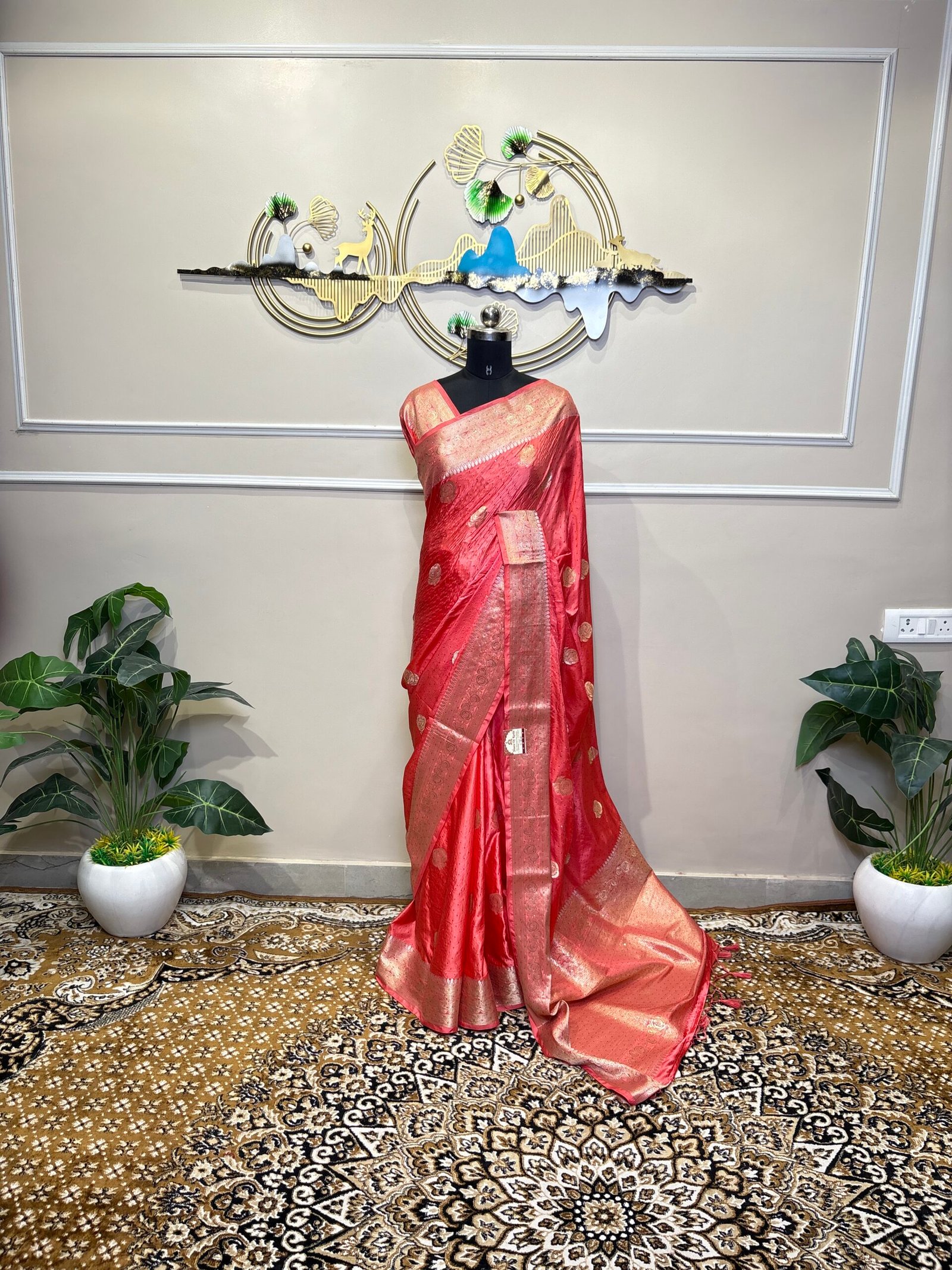 Firozi Siroski Mushroo Satin Saree with Elegant Stone Work & Rich Zari Border - Image 2