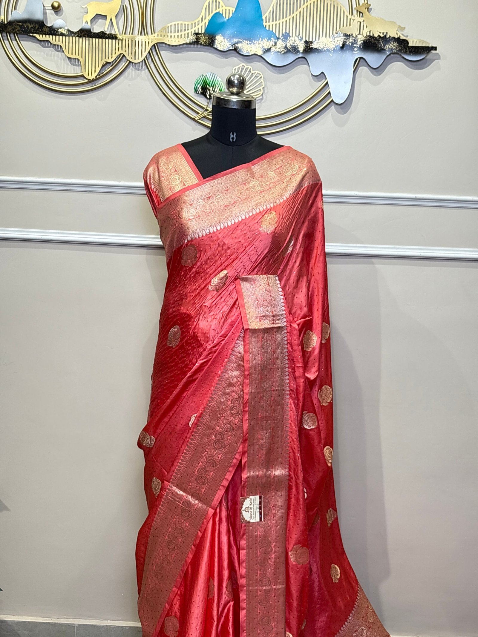 Firozi Siroski Mushroo Satin Saree with Elegant Stone Work & Rich Zari Border - Image 3