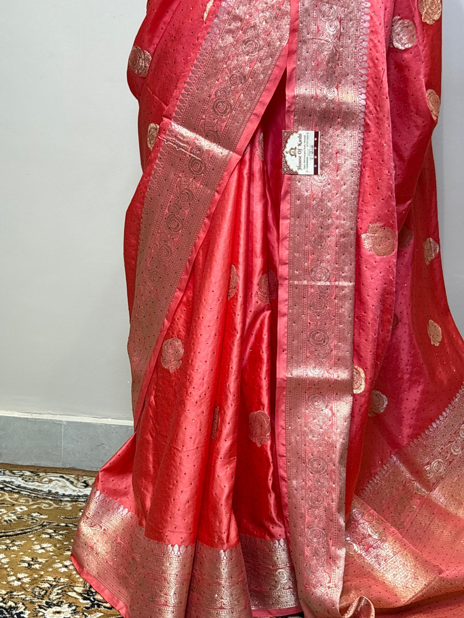 Firozi Siroski Mushroo Satin Saree with Elegant Stone Work & Rich Zari Border - Image 8