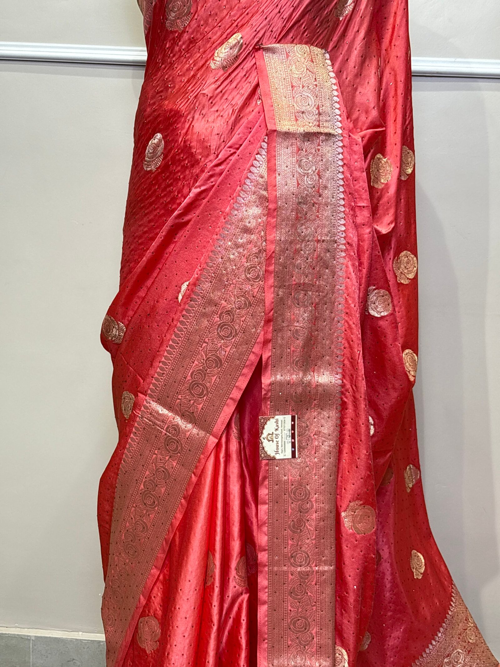 Firozi Siroski Mushroo Satin Saree with Elegant Stone Work & Rich Zari Border - Image 4