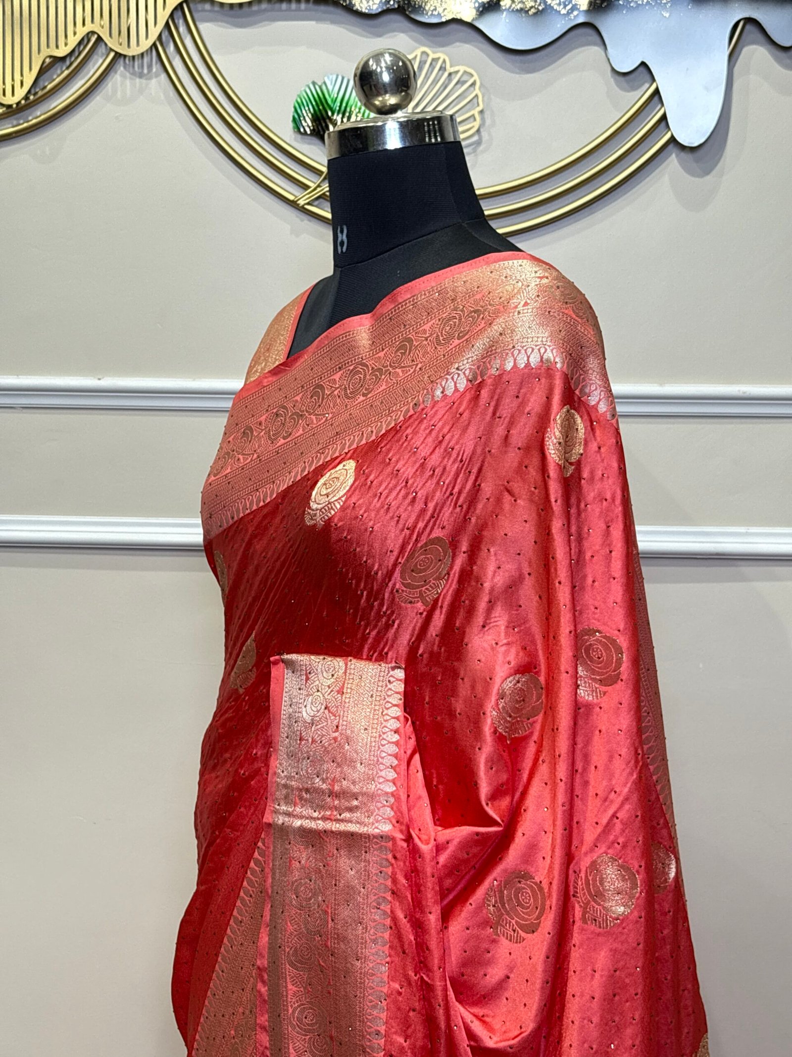 Firozi Siroski Mushroo Satin Saree with Elegant Stone Work & Rich Zari Border - Image 6