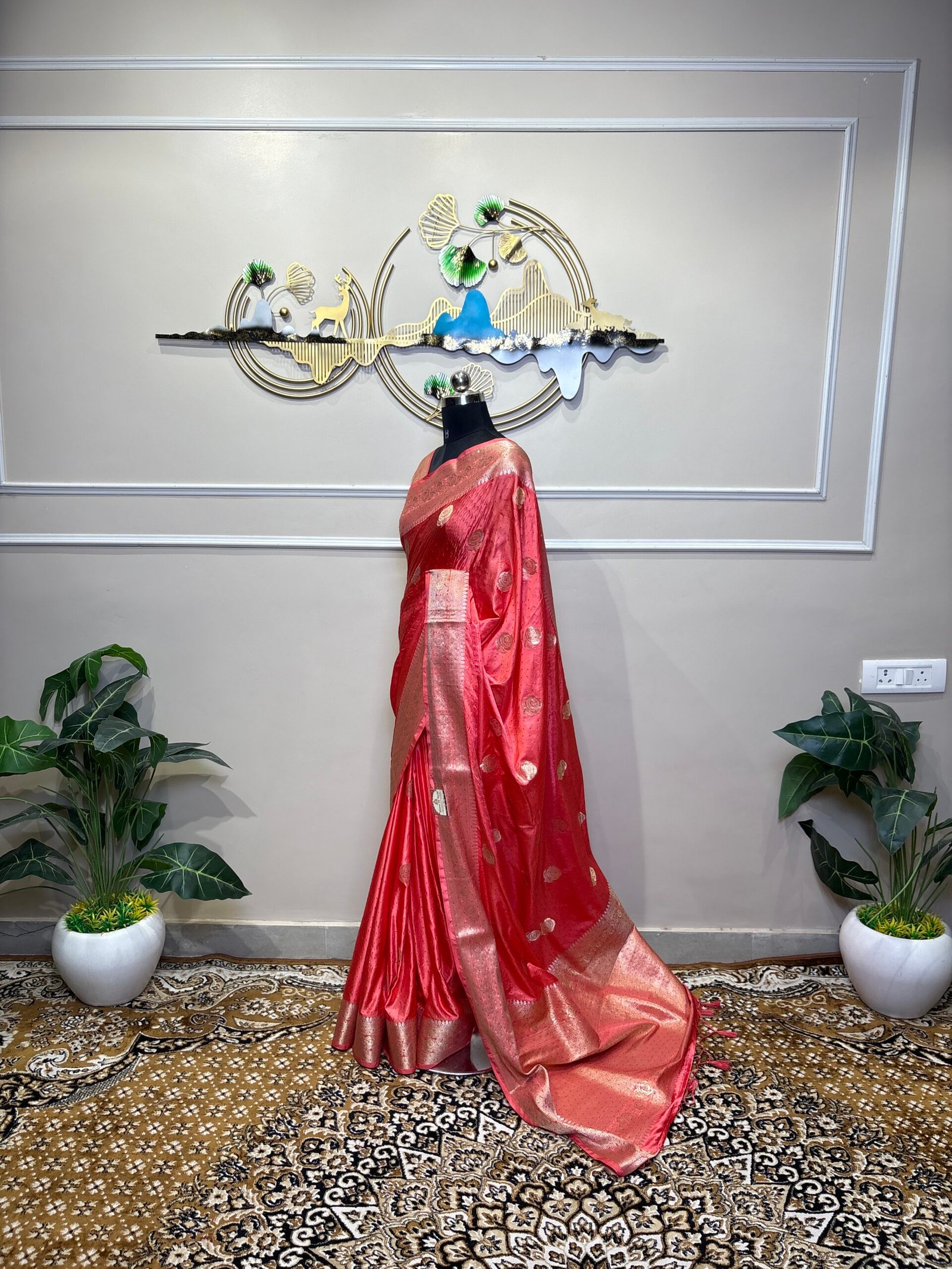 Firozi Siroski Mushroo Satin Saree with Elegant Stone Work & Rich Zari Border - Image 5