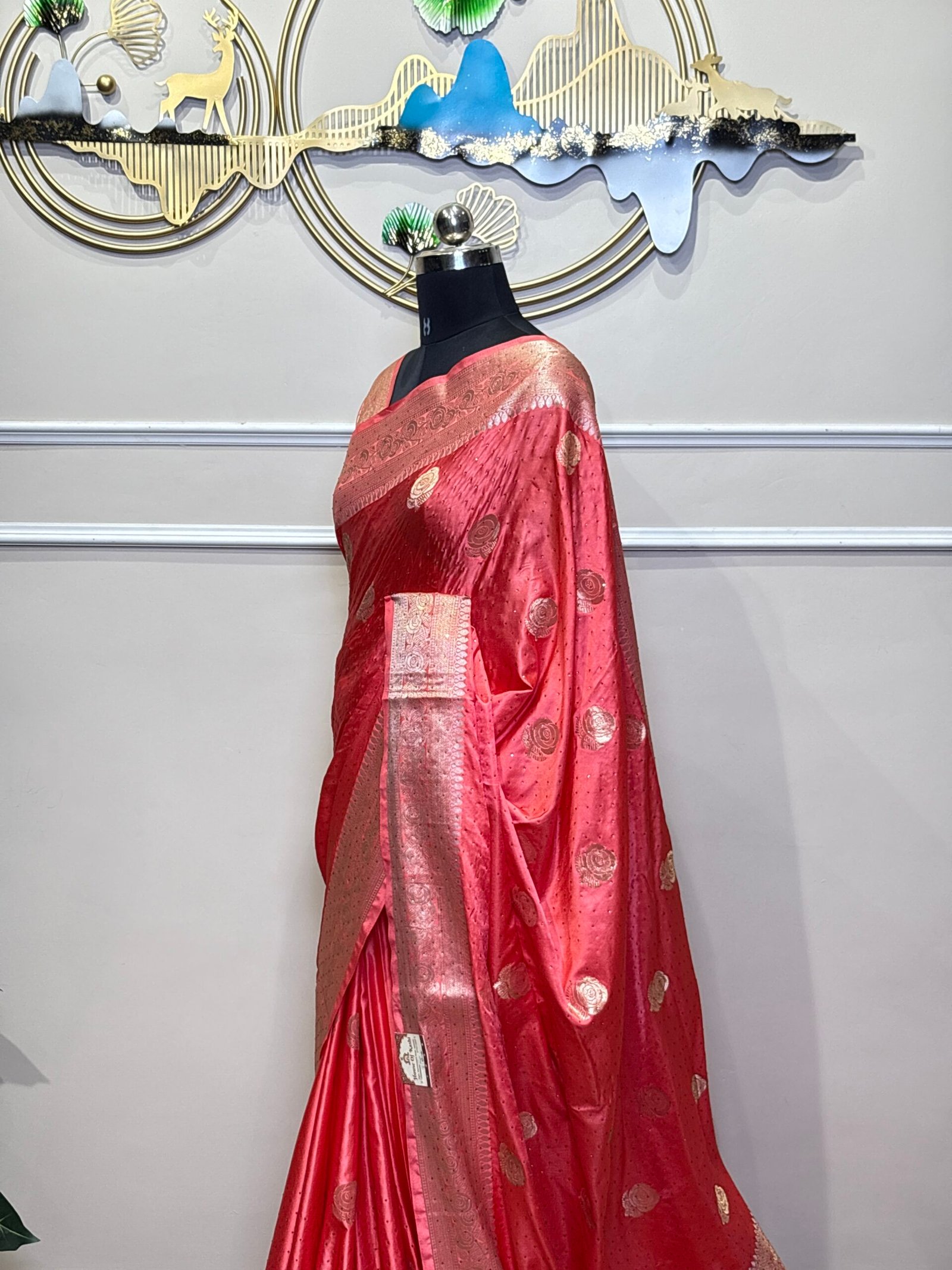 Firozi Siroski Mushroo Satin Saree with Elegant Stone Work & Rich Zari Border - Image 7