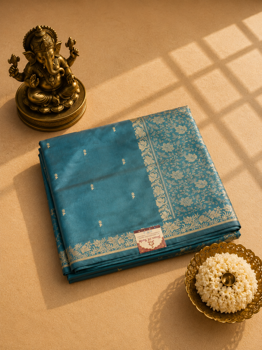 Sky Blue Banarasi Silk Saree with Silver Zari Floral Border