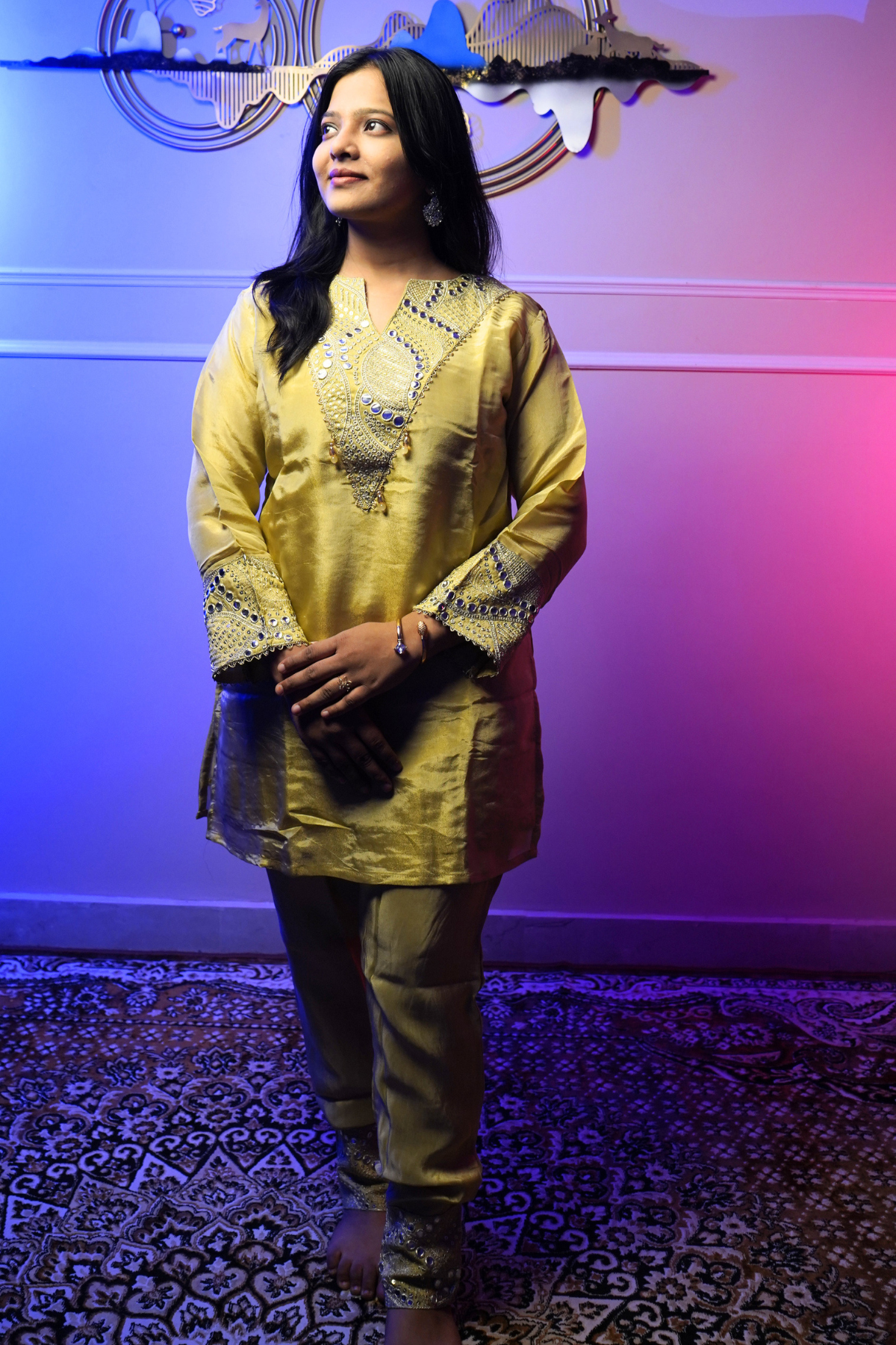 Golden Silk Embroidered Kurta Set for Women - Image 3