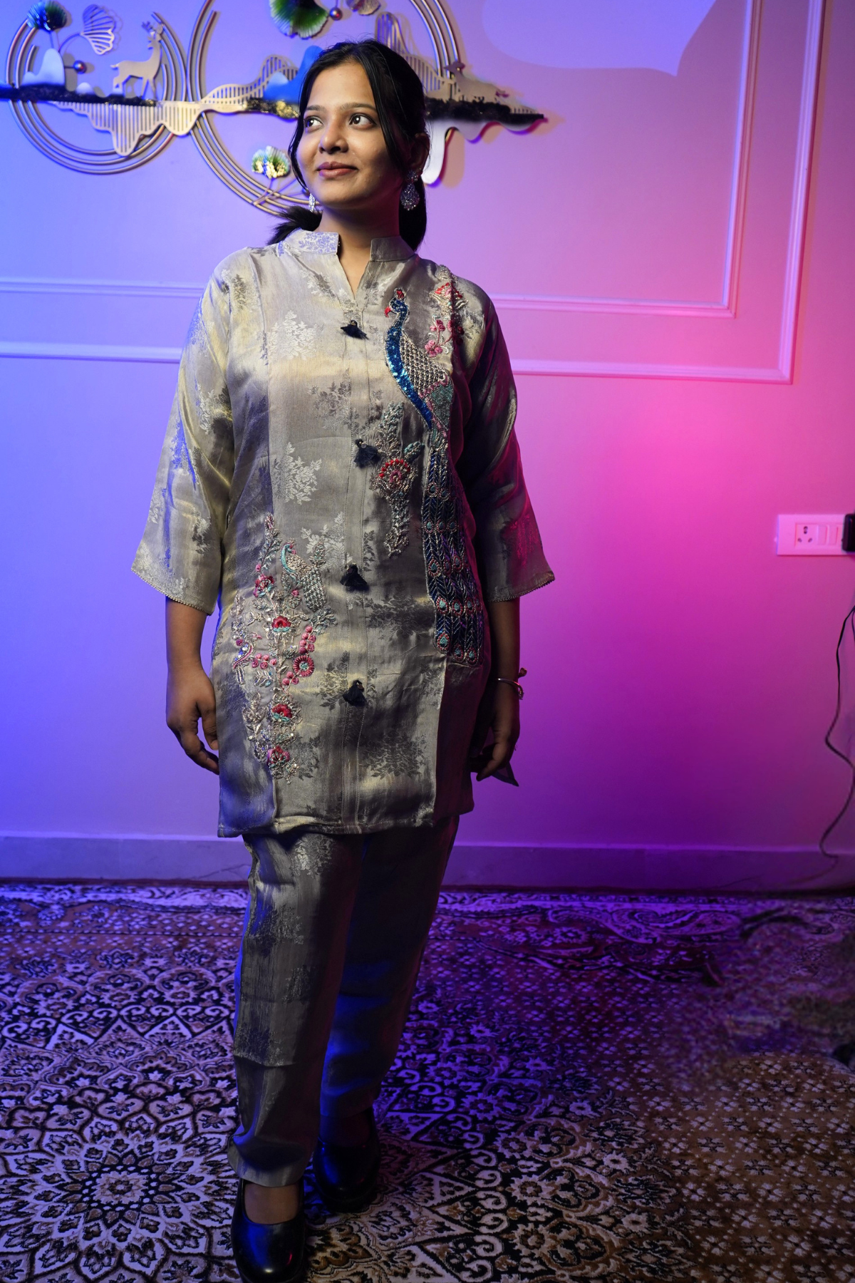Silver Grey Embroidered Co-ord Set - Image 4