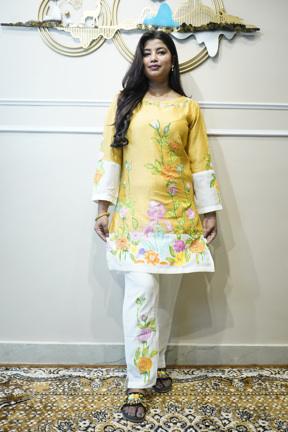 Floral Hand-Painted Kurta Set – Yellow & White - Image 3