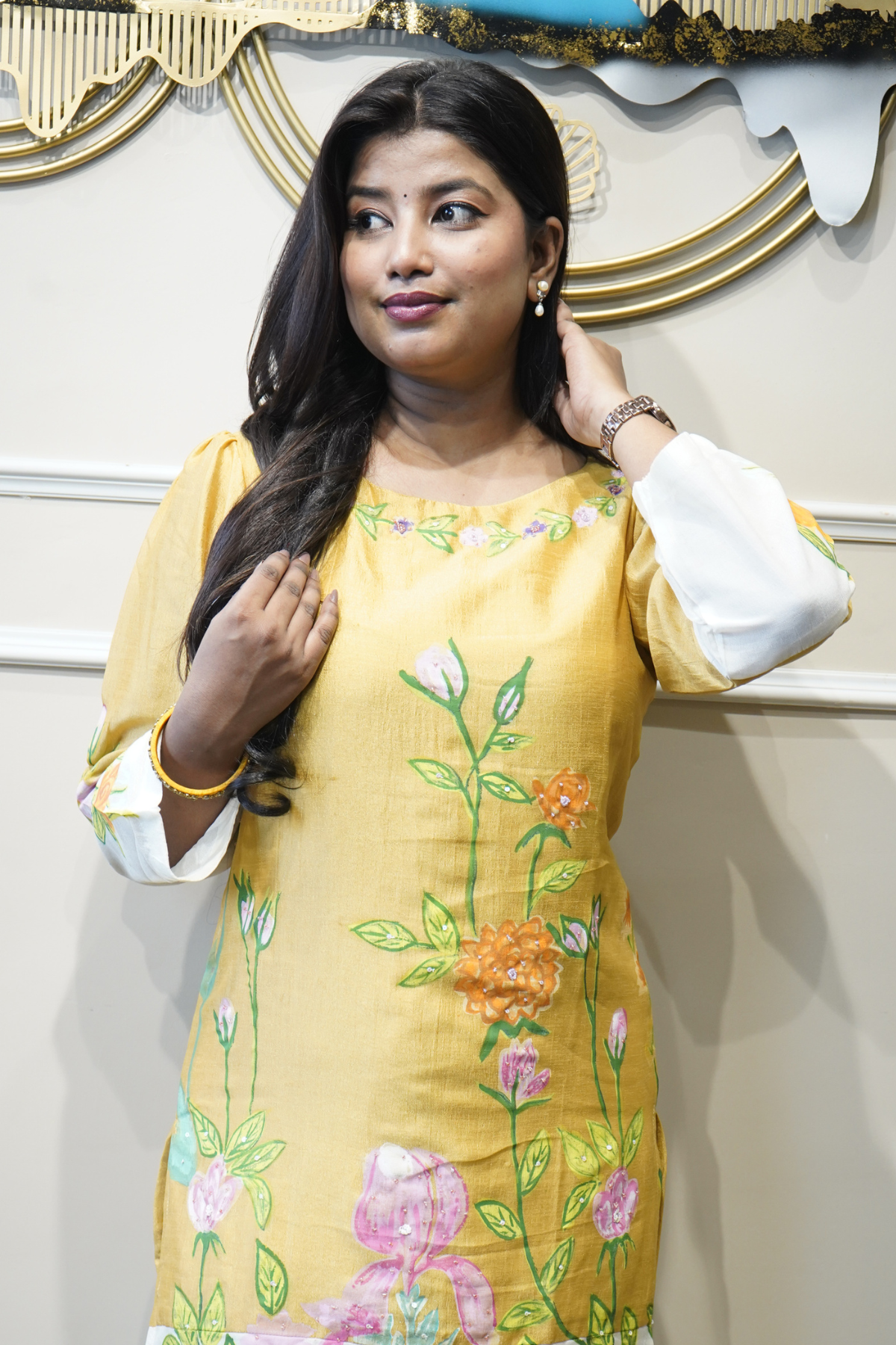 Floral Hand-Painted Kurta Set – Yellow & White
