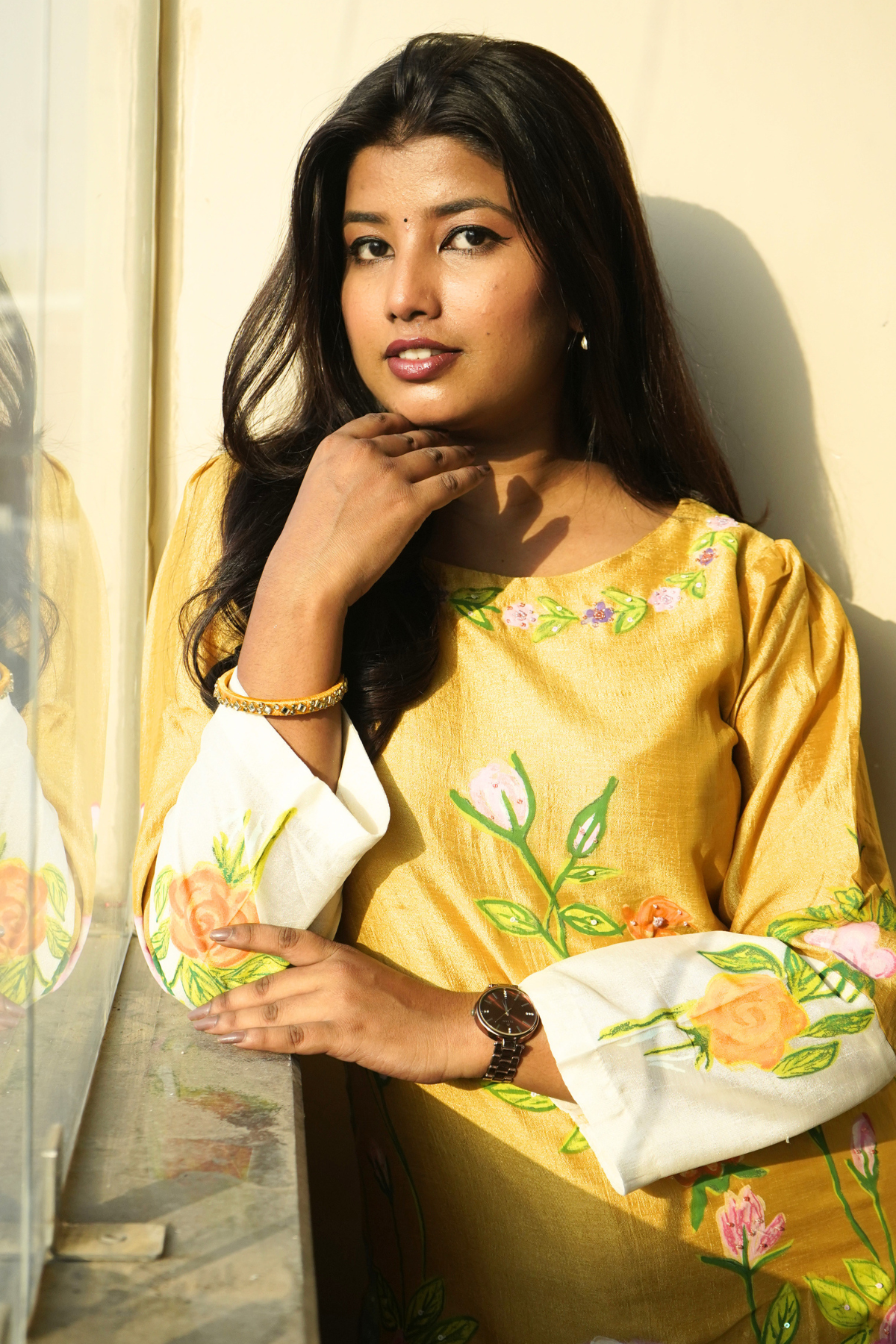 Floral Hand-Painted Kurta Set – Yellow & White - Image 4