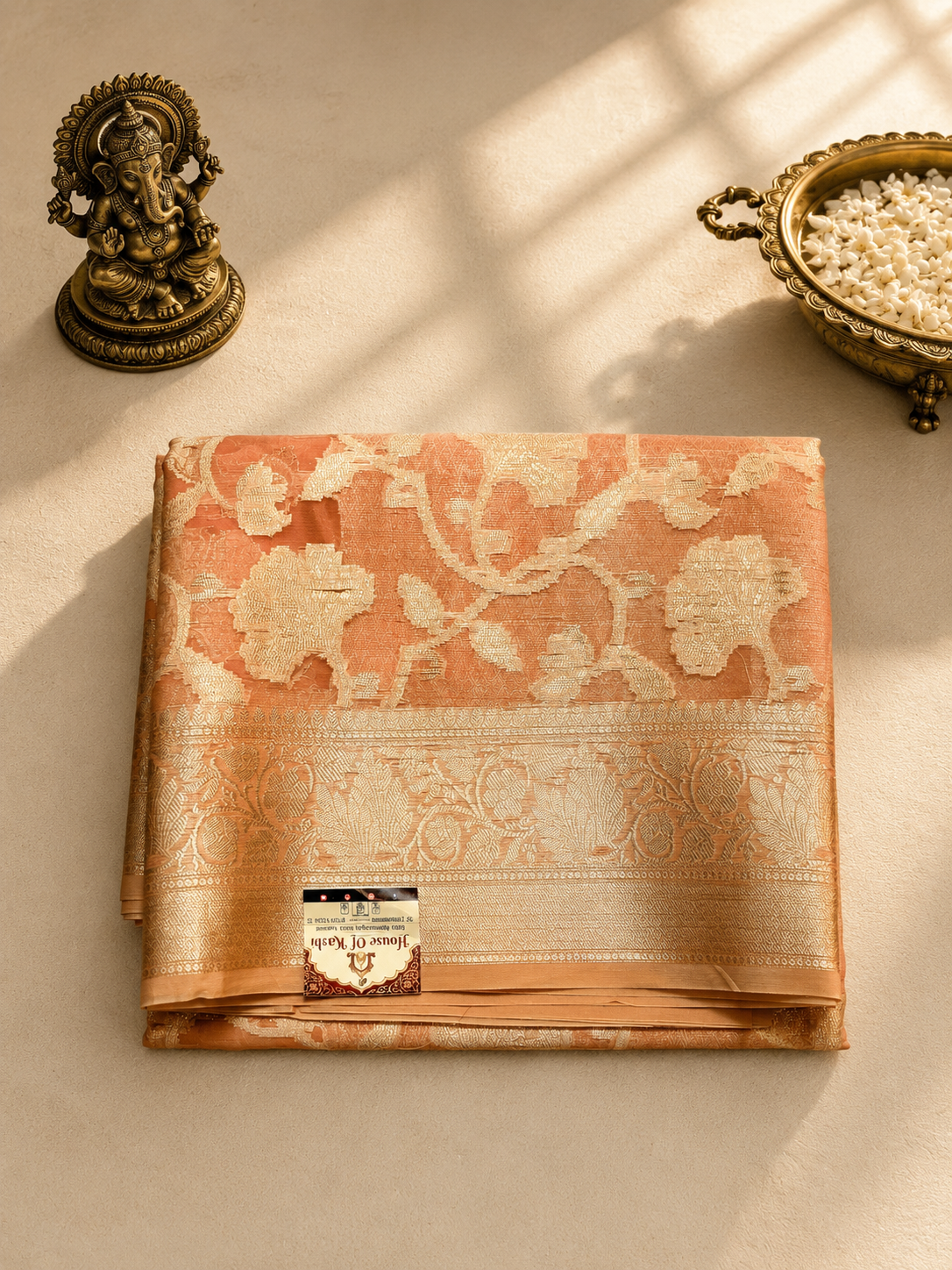Peach Banarasi Silk Saree with Zari Floral Weave