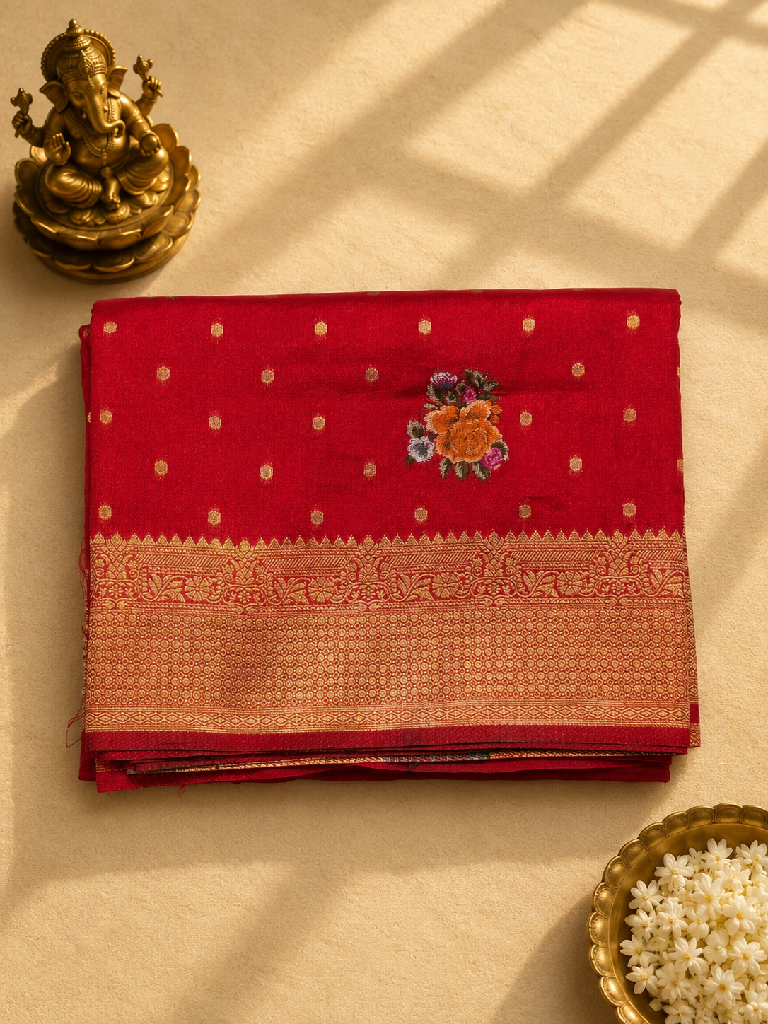 Red Banarasi Silk Saree with Meenakari Floral Motifs & Rich Zari Border