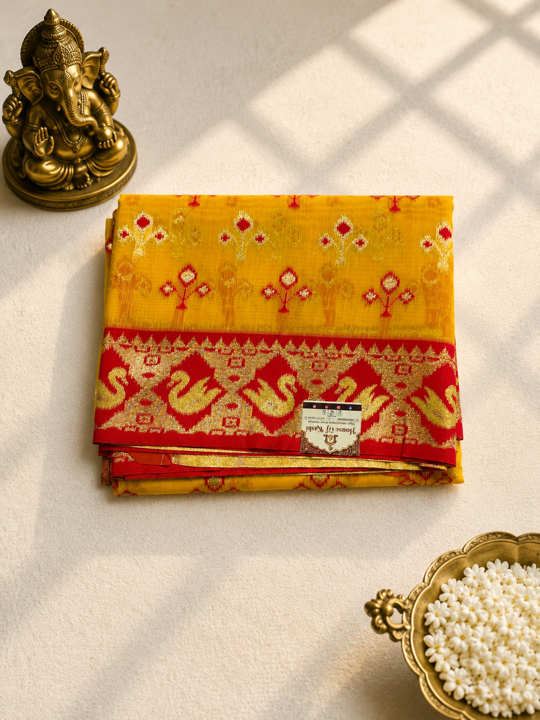 Haldi Yellow & Crimson Red Banarasi Silk Saree with Hamsa Motif Zari Border