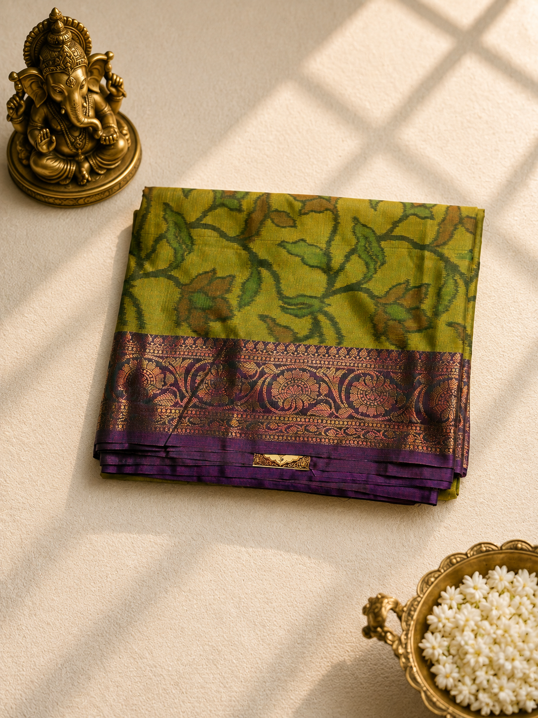 Dual-Tone Olive Green & Plum Silk Saree with Floral Jaal & Copper Zari Brocade Border