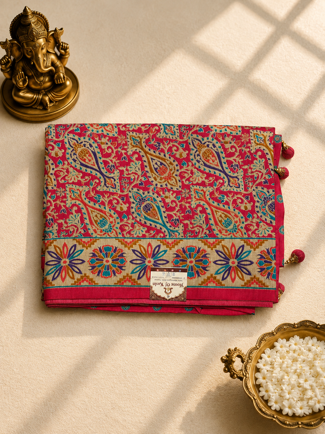 Rani Pink Banarasi Silk Jamawar Saree with Multi-Color Jaal & Rosette Border