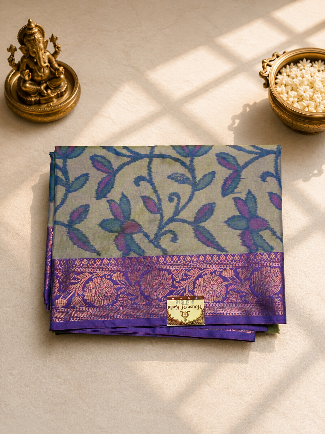 Dual-Tone Periwinkle Blue & Gold Silk Saree with Floral Jaal & Royal Violet Zari Border