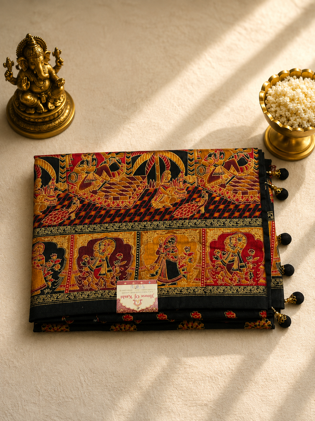 Heritage Jet Black Banarasi Silk Saree with Mustard & Crimson Royal Procession Border