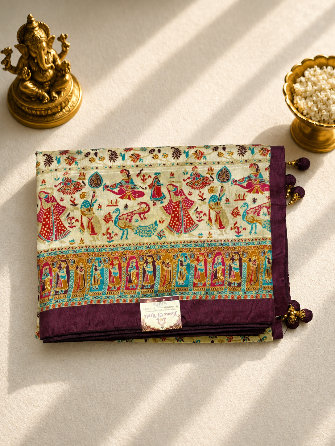 Ivory & Wine Banarasi Silk Saree with Multi-Color Shikargah Weave & Procession Border