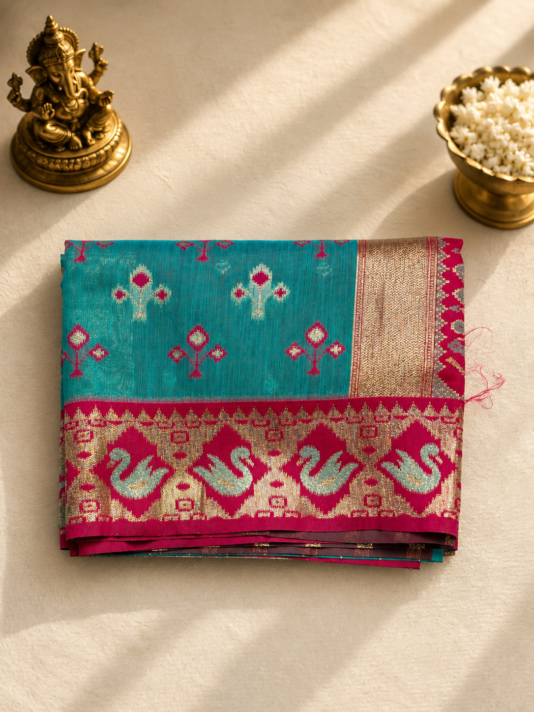 Turquoise Blue & Rani Pink Banarasi Silk Saree with Hamsa & Elephant Motif Zari Border