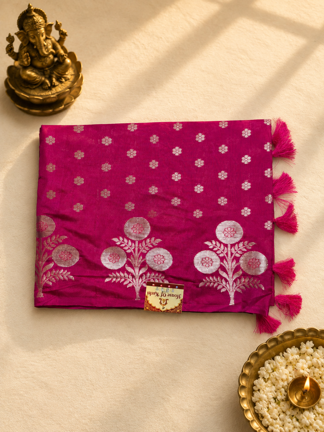 Rani Pink Banarasi Soft Silk Saree with Silver Zari Mughal Floral Motifs