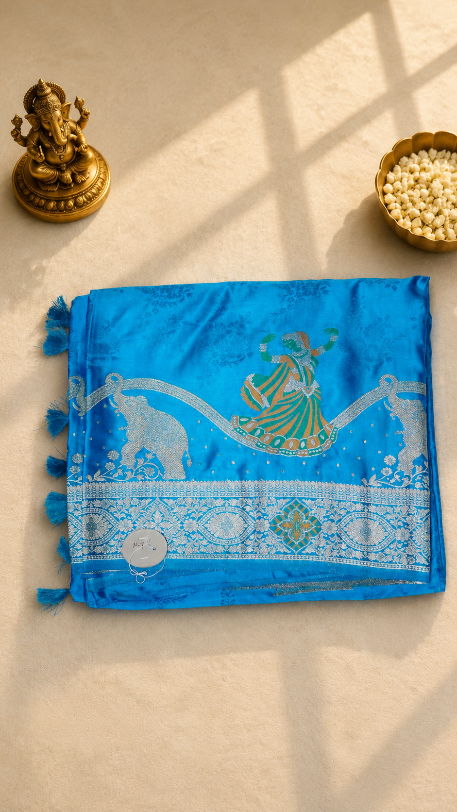 Sky Blue Banarasi Saree with Silver Zari Weaving & Traditional Meenakari Motifs