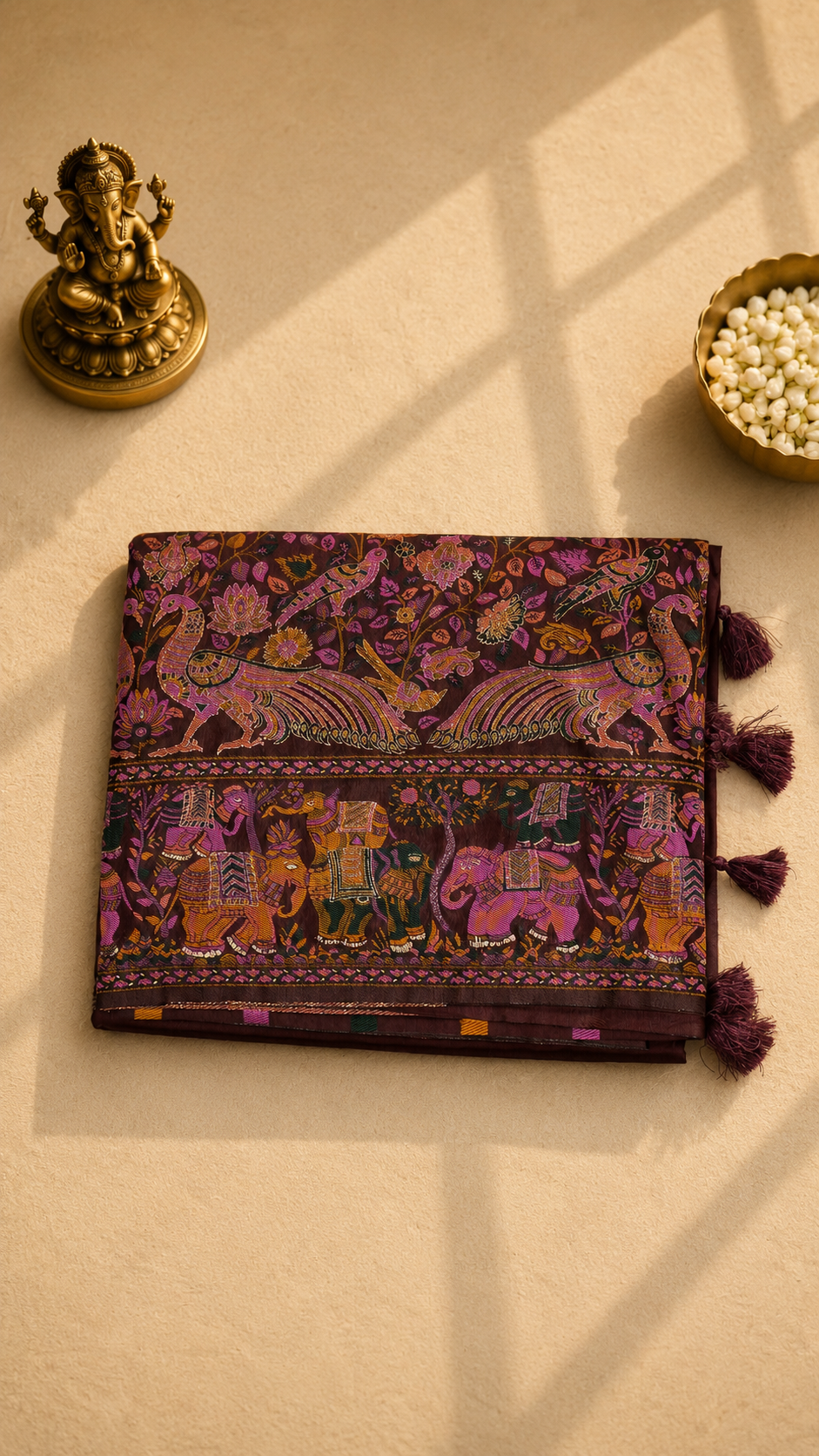 Dark Wine Banarasi Saree with Multicolor Woven Elephant & Royal Motif Border