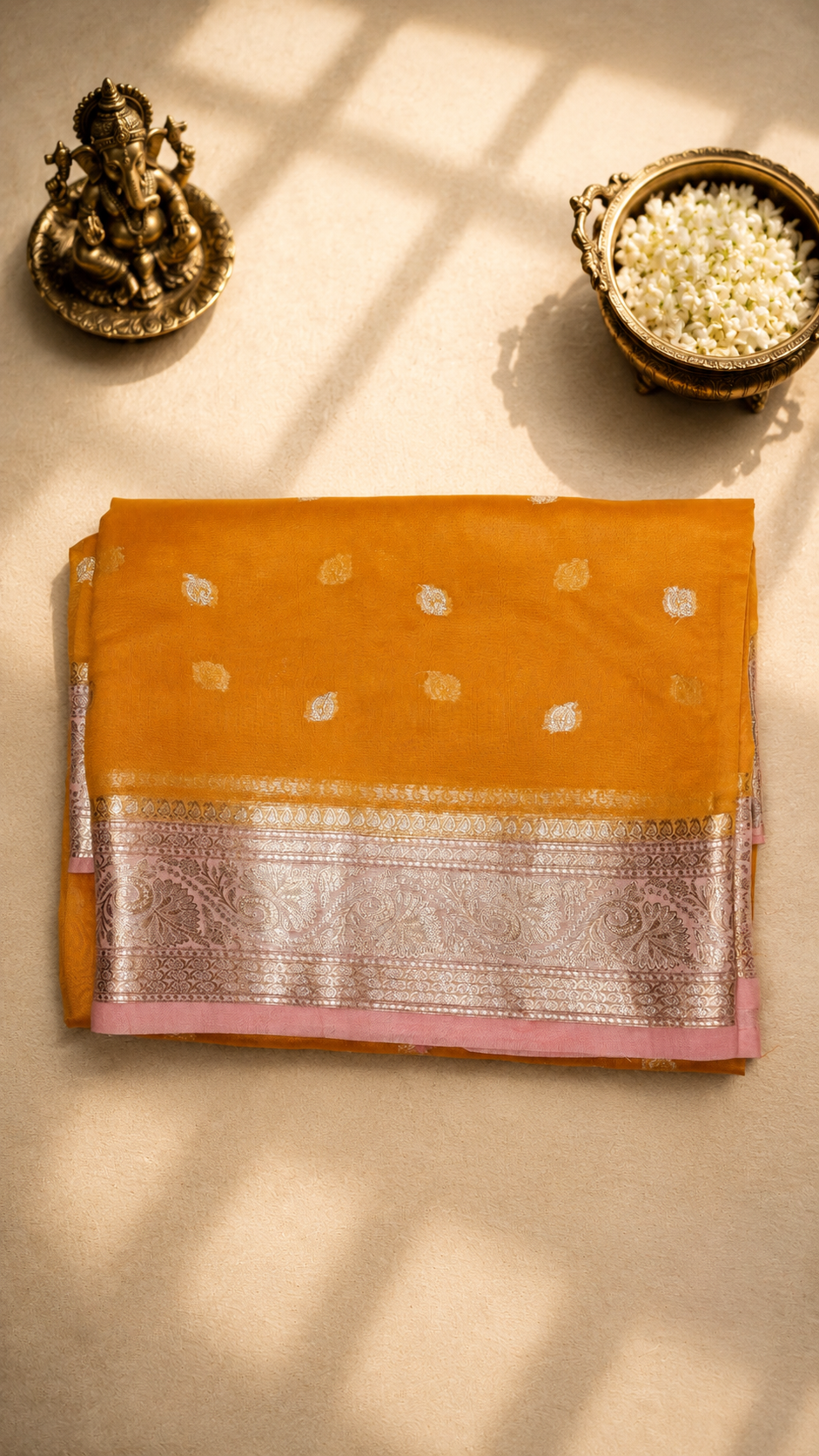 Mustard Yellow Dupion Fabric Saree with Silver Zari Woven Border