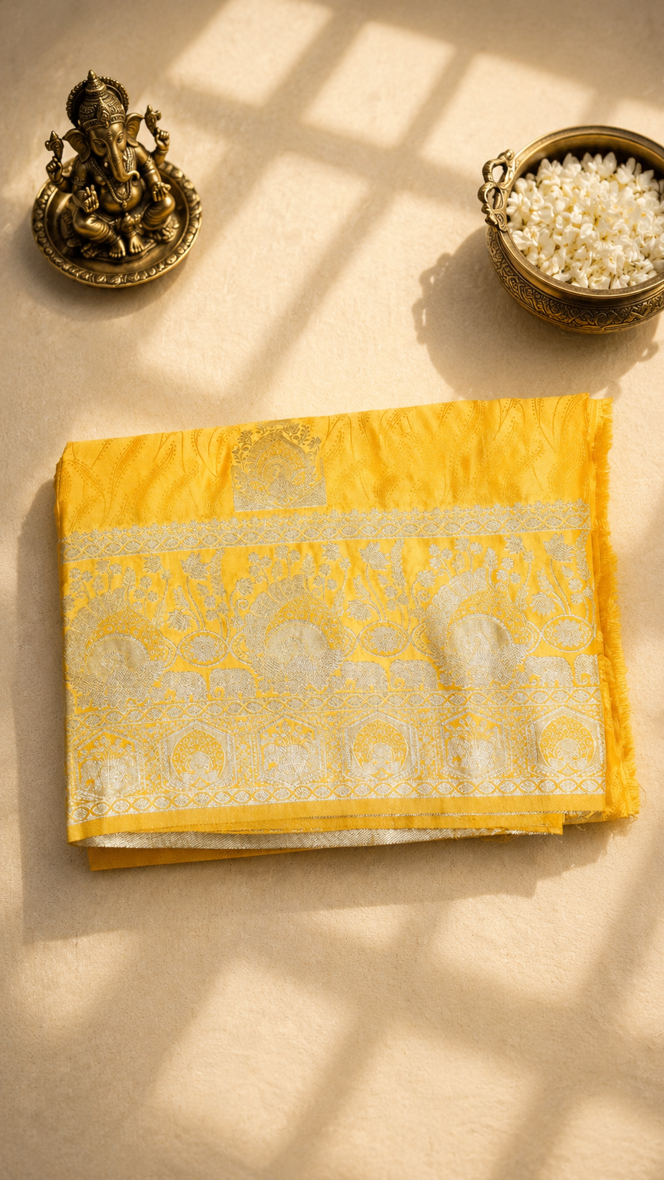 Yellow Banarasi Saree with Golden Zari Weaving & Rich Traditional Border