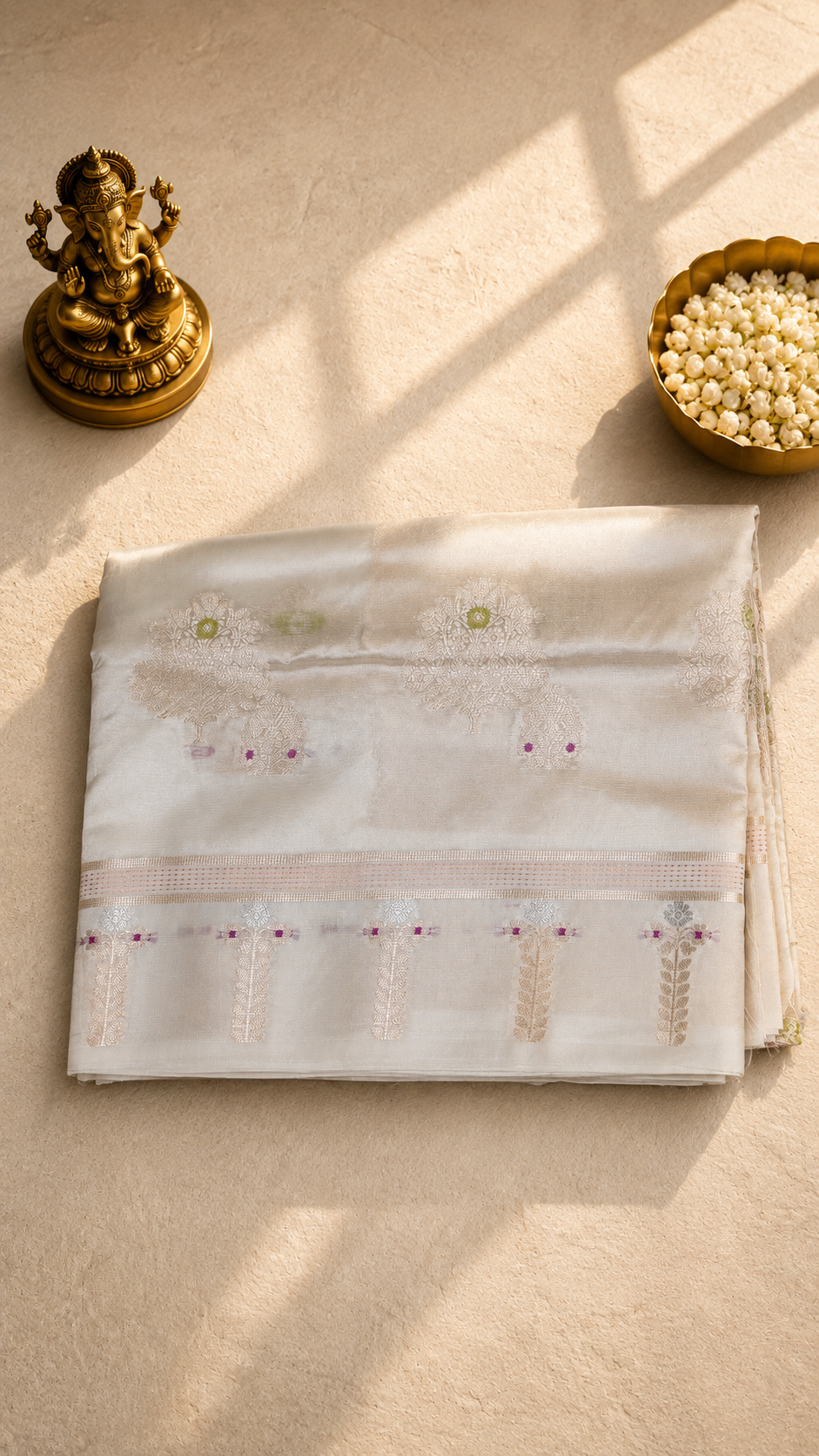 Elegant White Dupion Fabric Saree with Silver Zari Woven Border