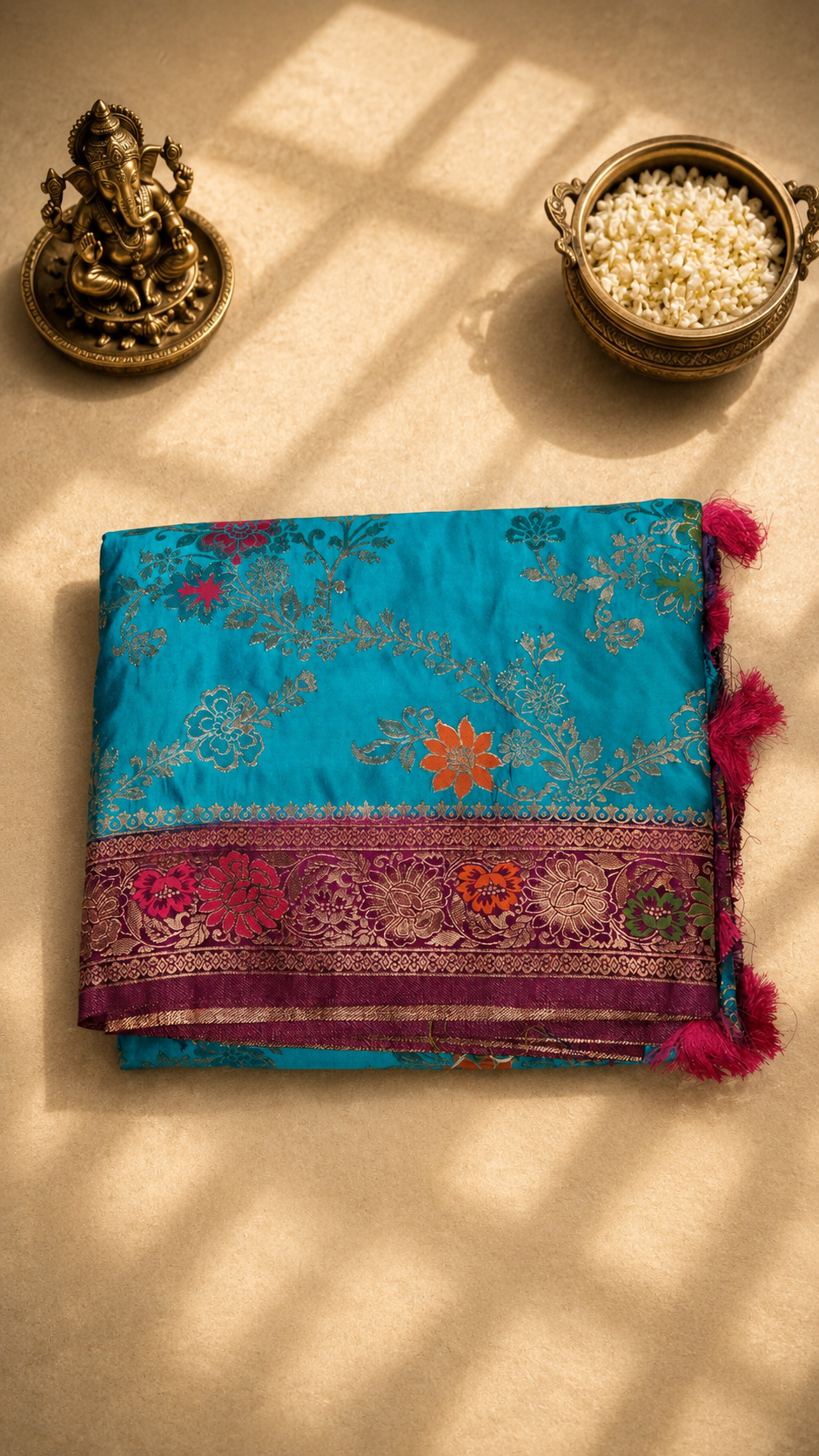 Turquoise Banarasi Saree with Floral Zari Weaving & Contrast Purple Border