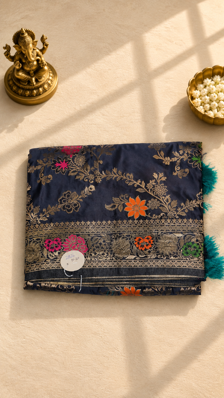 Black Banarasi Saree with Multicolor Floral Zari Weaving