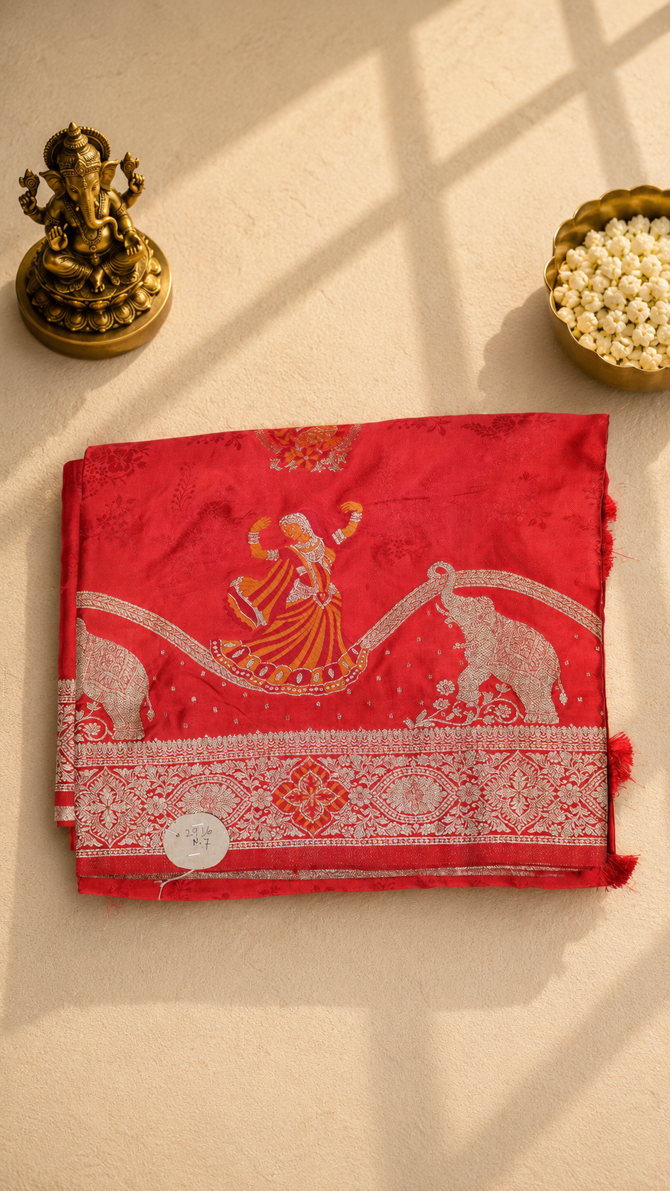 Red Banarasi Saree with Silver Zari Woven Border & Artistic Pallu