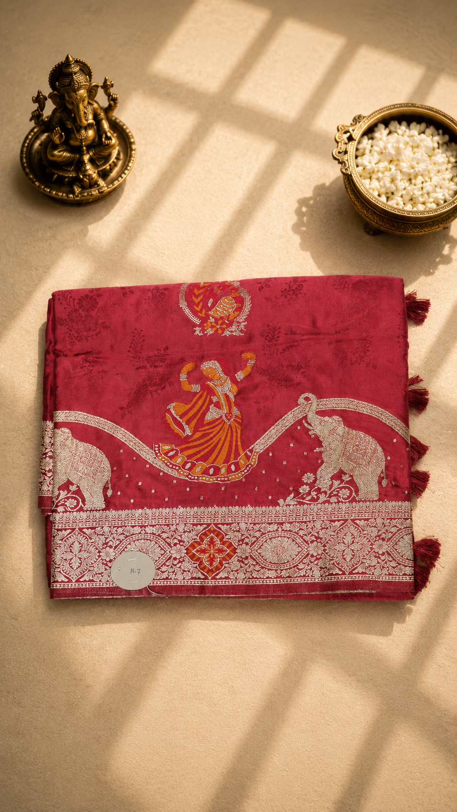 Dark Red Banarasi Saree with Golden Zari Weaving & Traditional Woven Border