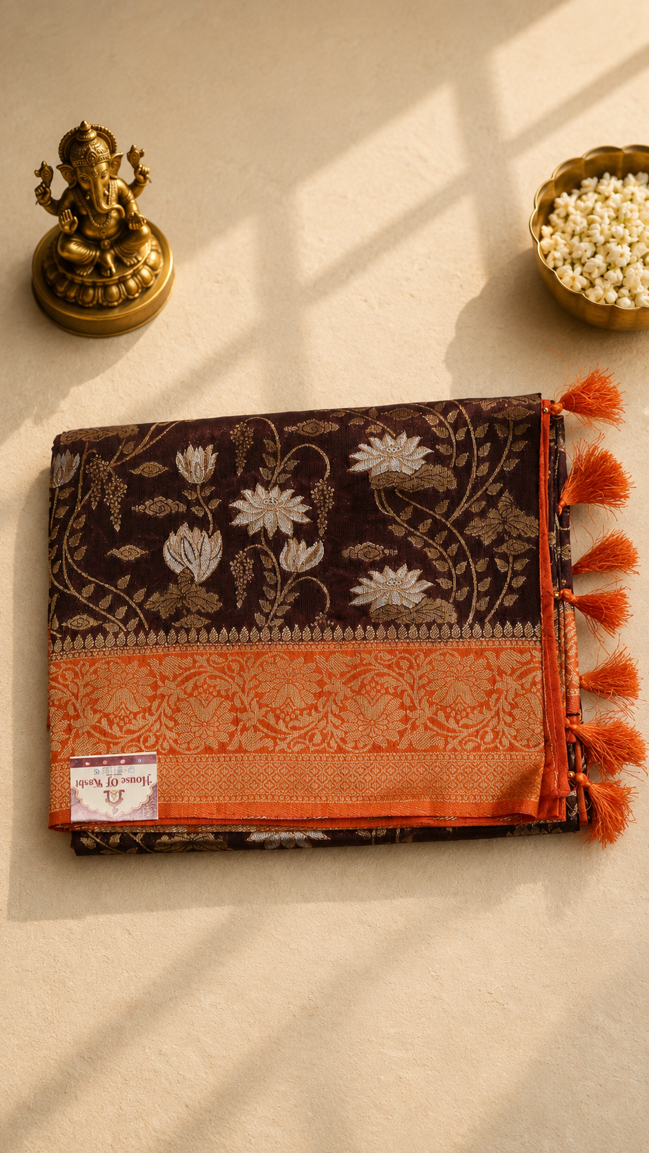 Coffee Brown & Peach Banarasi Saree with Silver Zari Floral Weaving