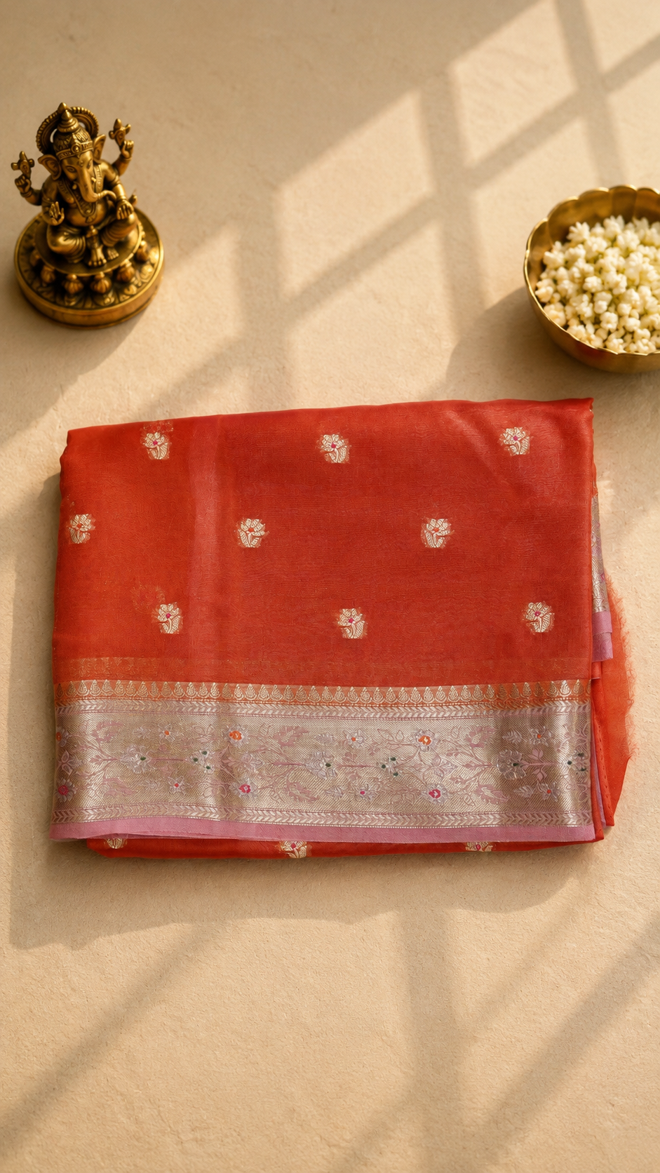 Rust Orange Dupin Fabric Saree with Silver Zari Woven Border